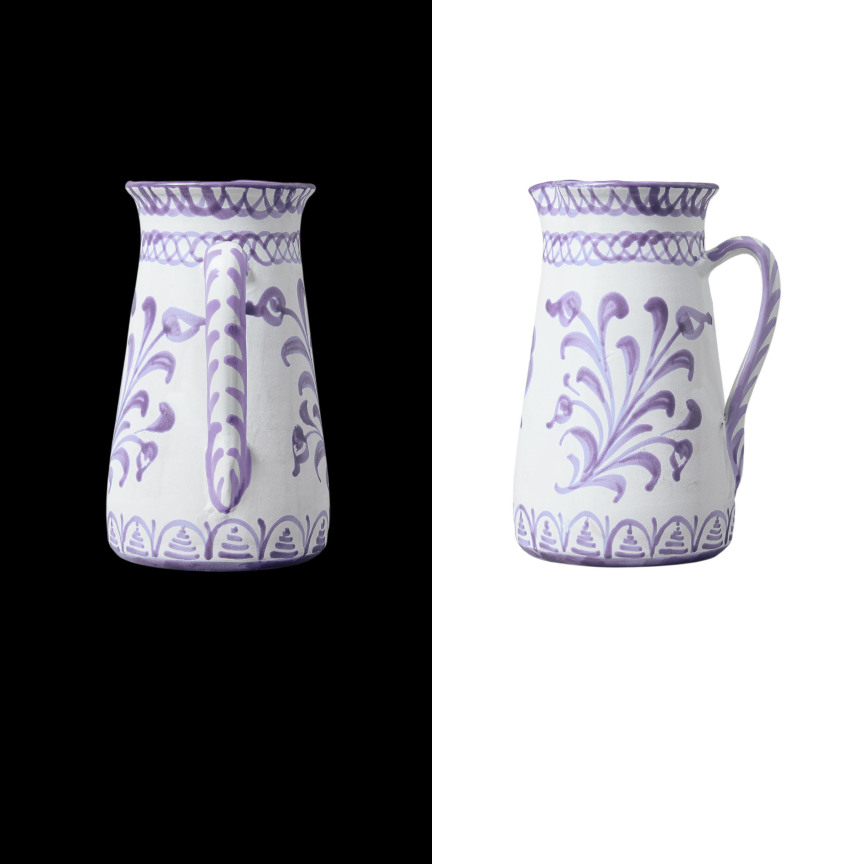 Handcrafted lilac wide ceramic pitcher with traditional Spanish design, ideal for wine, flowers, lemonade, or gazpacho, made by artisans in Granada