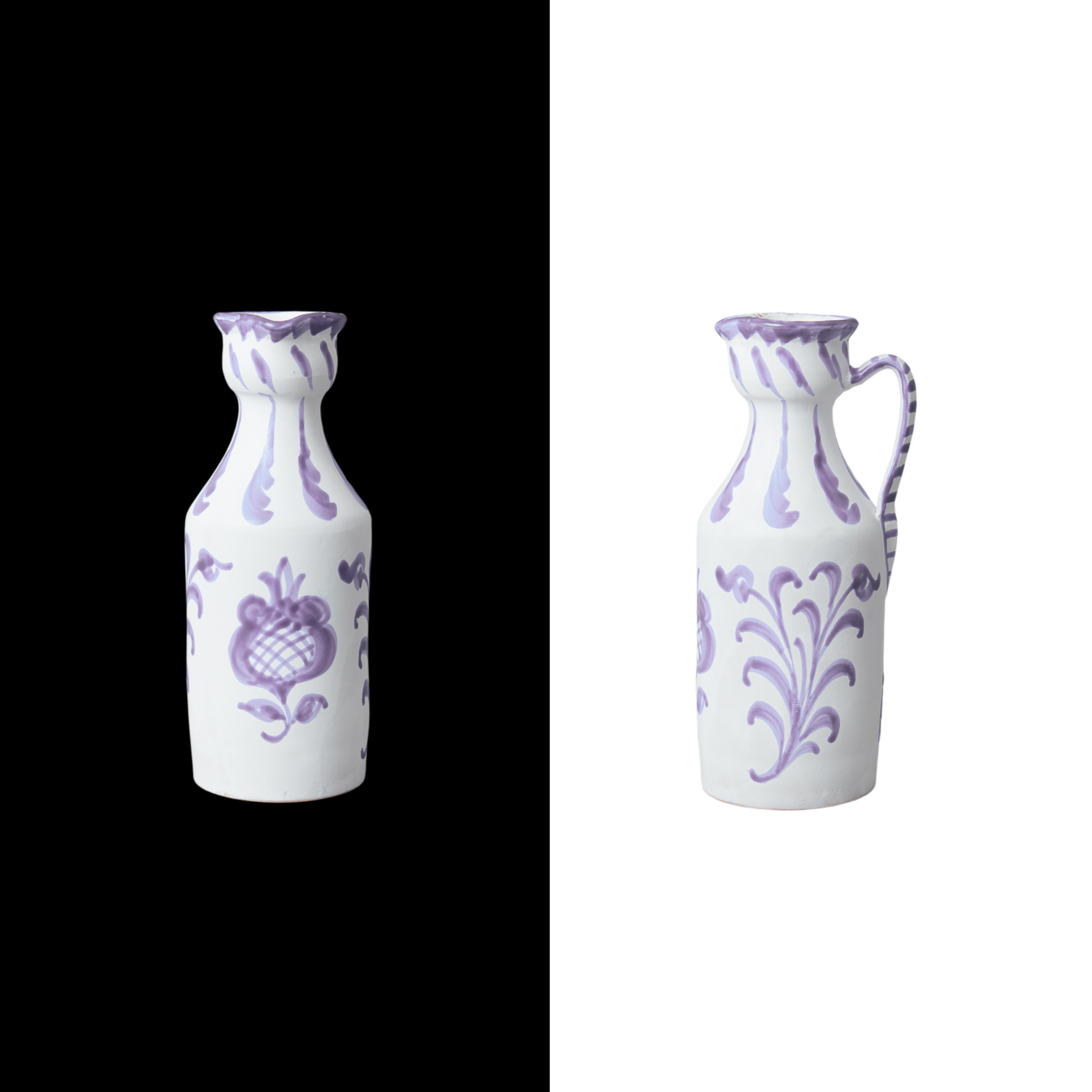 Handcrafted lilac narrow ceramic pitcher with traditional Spanish design, ideal for wine, flowers, lemonade, or gazpacho, made by artisans in Granada