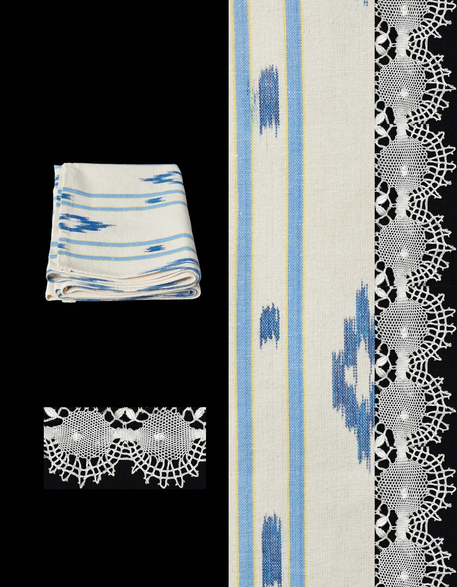blue short table runner ikat design roba de llengues linen cotton table runner handmade by traditional artisans in Mallorca with bobbin lace from Camariñas