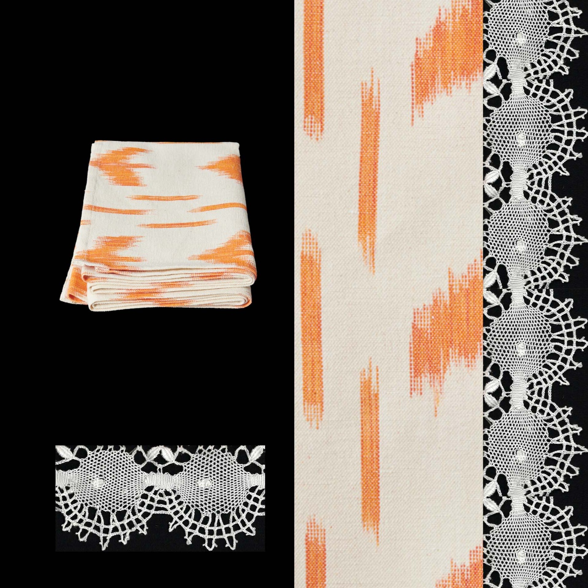 orange short table runner ikat design roba de llengues linen cotton table runner handmade by traditional artisans in Mallorca with bobbin lace from Camariñas