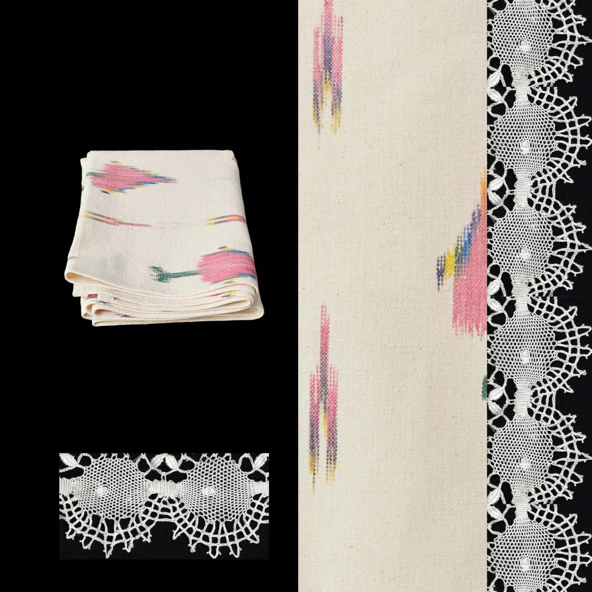 028 pink short table runner ikat design roba de llengues linen cotton table runner handmade by traditional artisans in Mallorca with bobbin lace from Camariñas