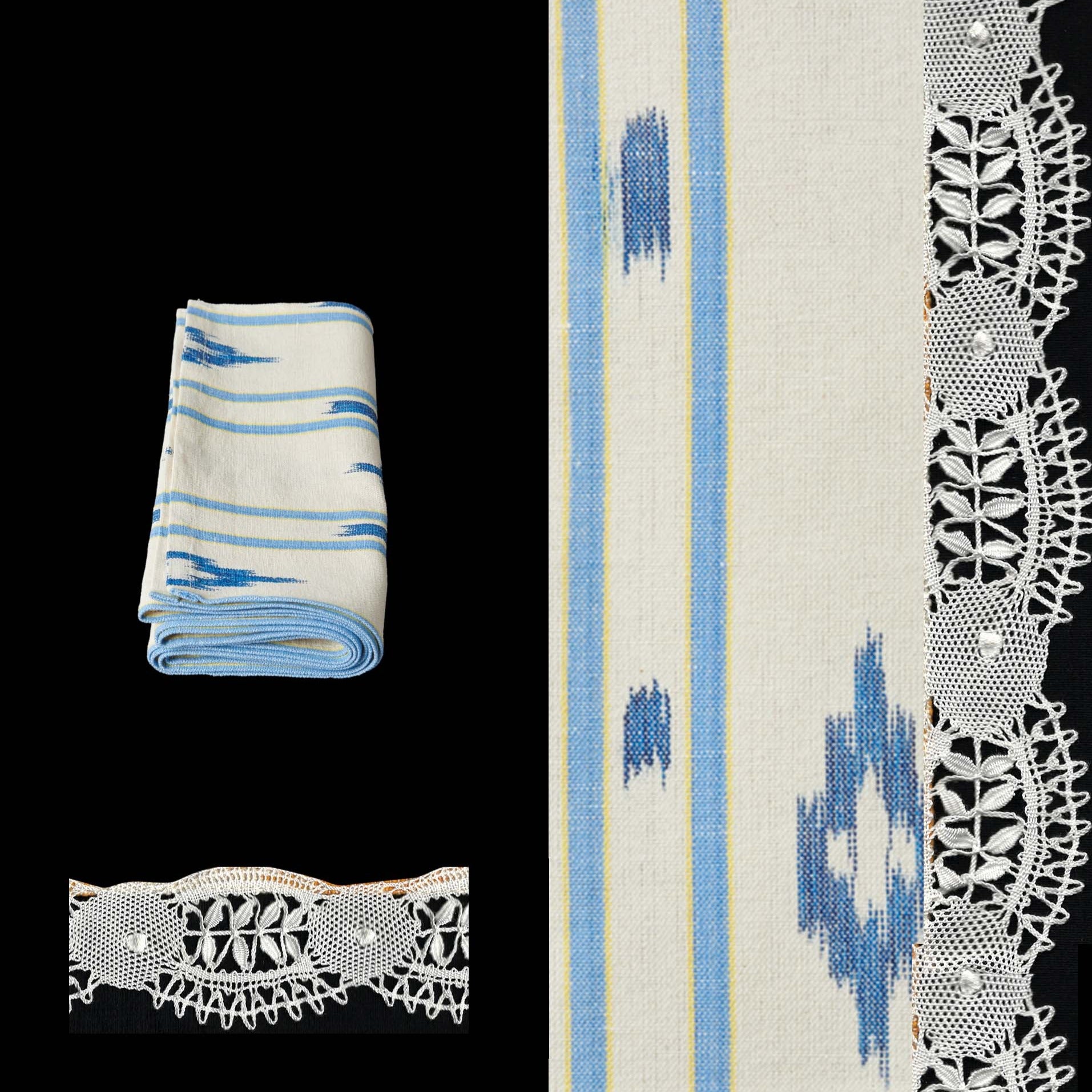 blue long table runner ikat design roba de llengues linen cotton table runner handmade by traditional artisans in Mallorca with bobbin lace from Camariñas