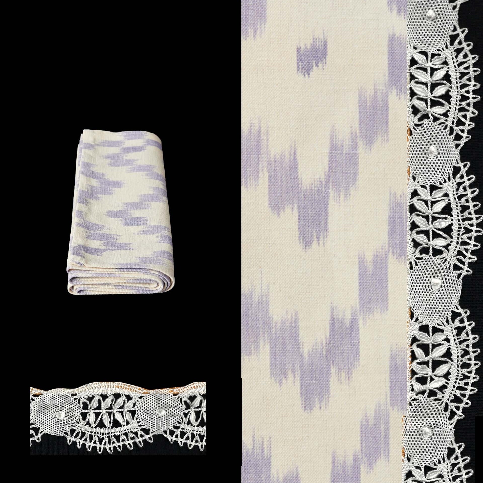 029 lilac long table runner ikat design roba de llengues linen cotton table runner handmade by traditional artisans in Mallorca with bobbin lace from Camariñas