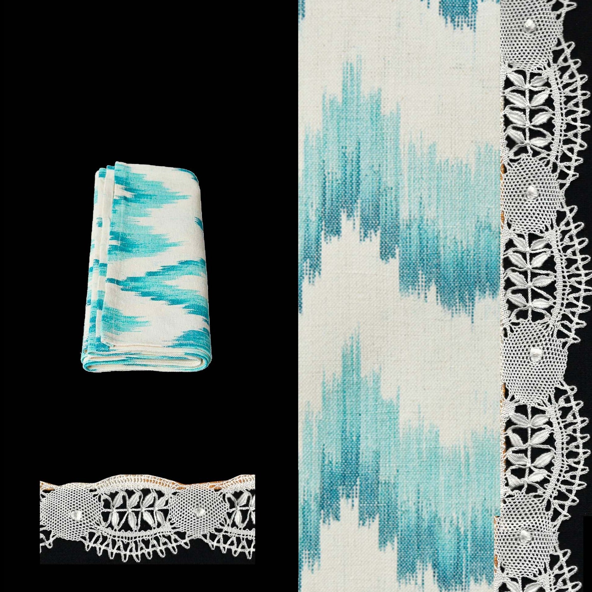 long table runner ikat design turquoise roba de llengues linen cotton table runner handmade by traditional artisans in Mallorca with bobbin lace from Camariñas