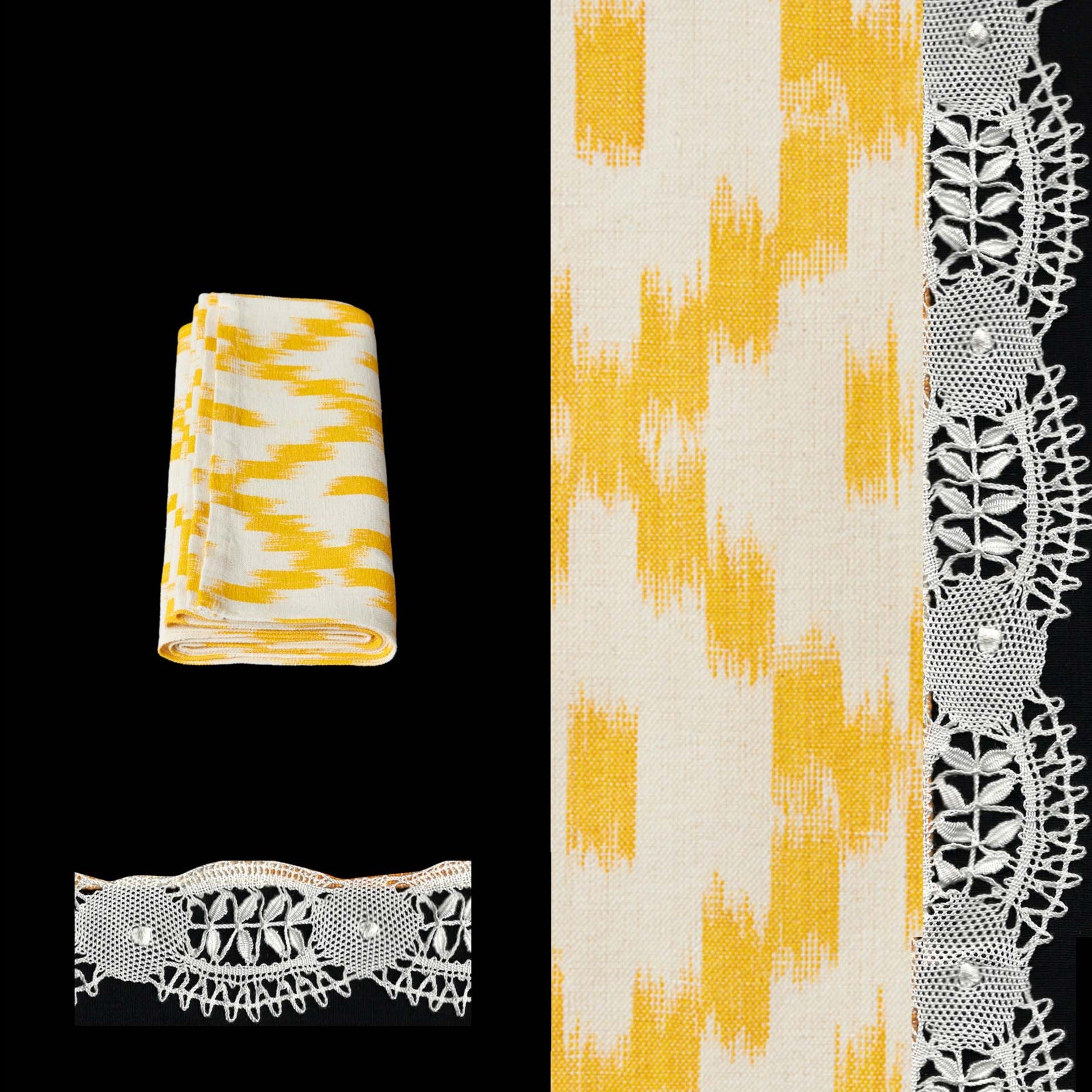 long table runner yellow ikat design roba de llengues linen cotton table runner handmade by traditional artisans in Mallorca with bobbin lace from Camariñas
