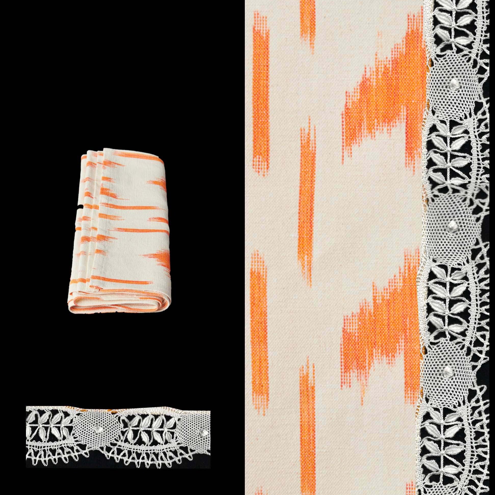 orange long table runner ikat design roba de llengues linen cotton table runner handmade by traditional artisans in Mallorca with bobbin lace from Camariñas