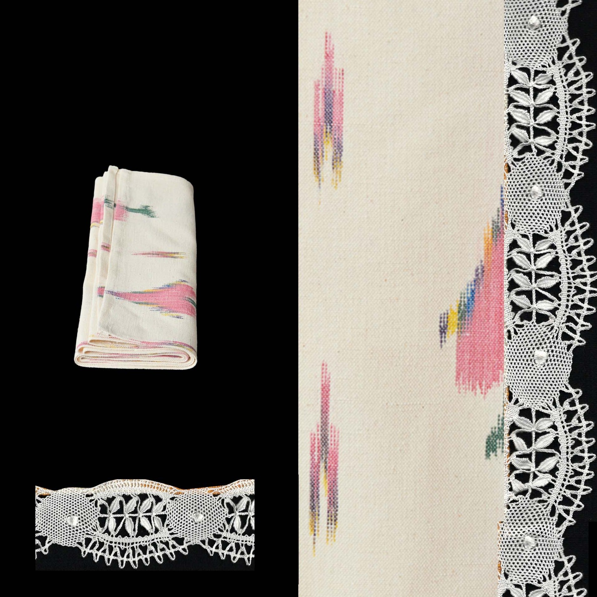 pink long table runner ikat design roba de llengues linen cotton tablecloth handmade by traditional artisans in Mallorca with bobbin lace from Camariñas