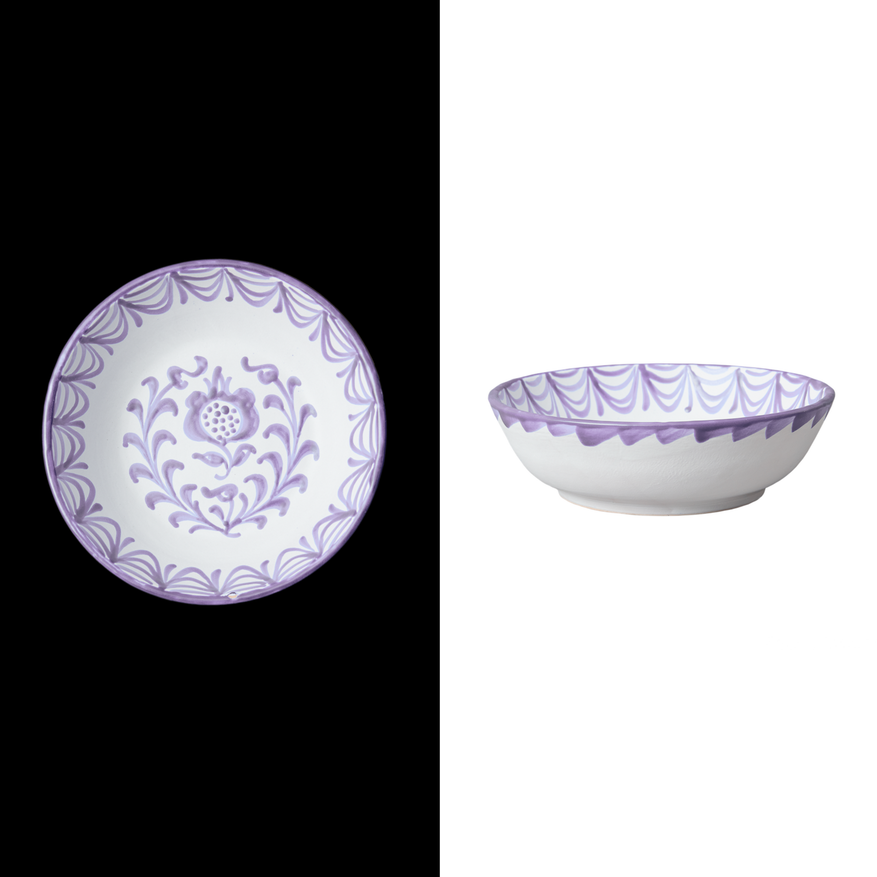 lilac pasta bowl with traditional designs handmade by artisans in spain ceramic granada
