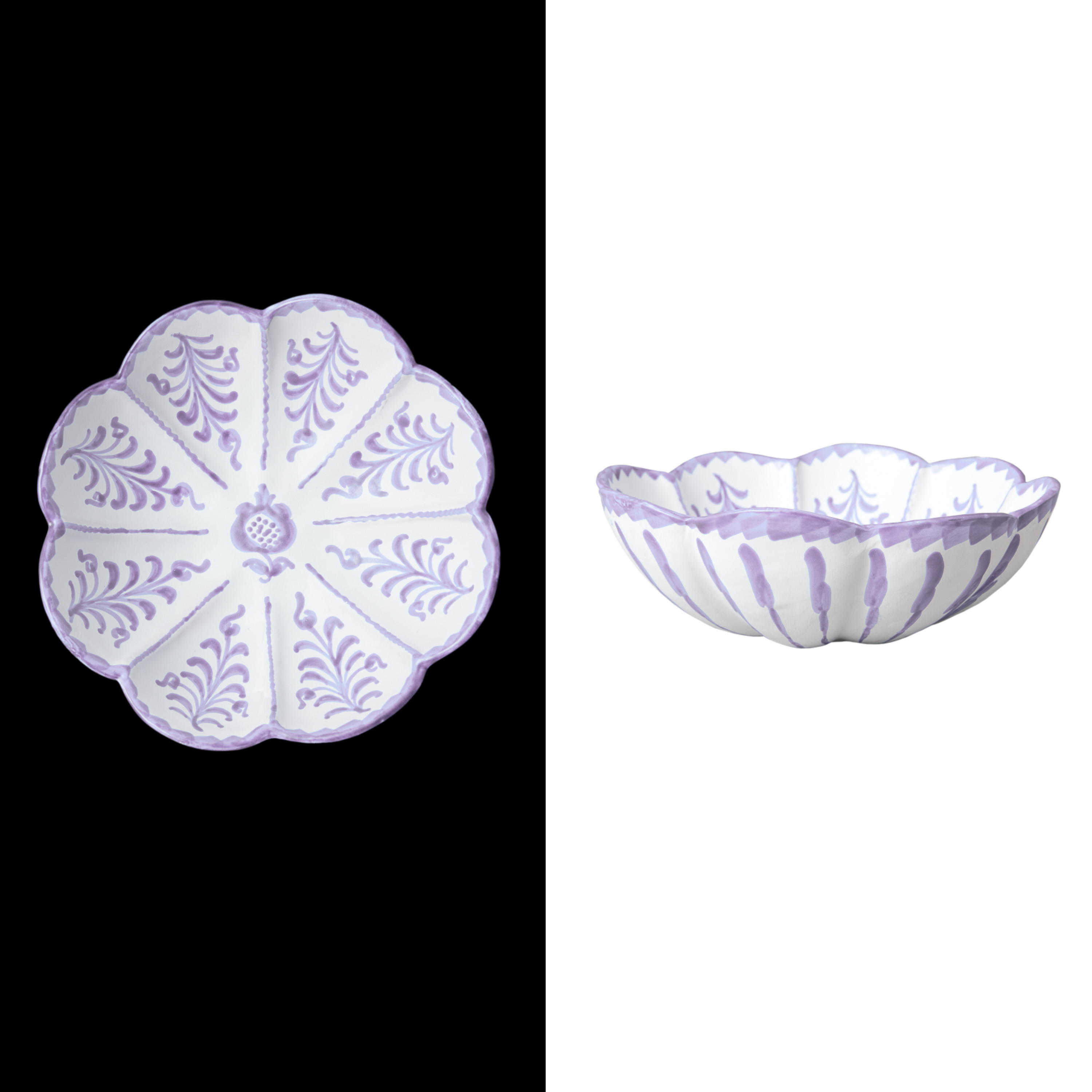 Leaf-shaped lilac ceramic serving bowl with traditional Spanish designs, handcrafted by artisans – ideal for dinner parties and table settings