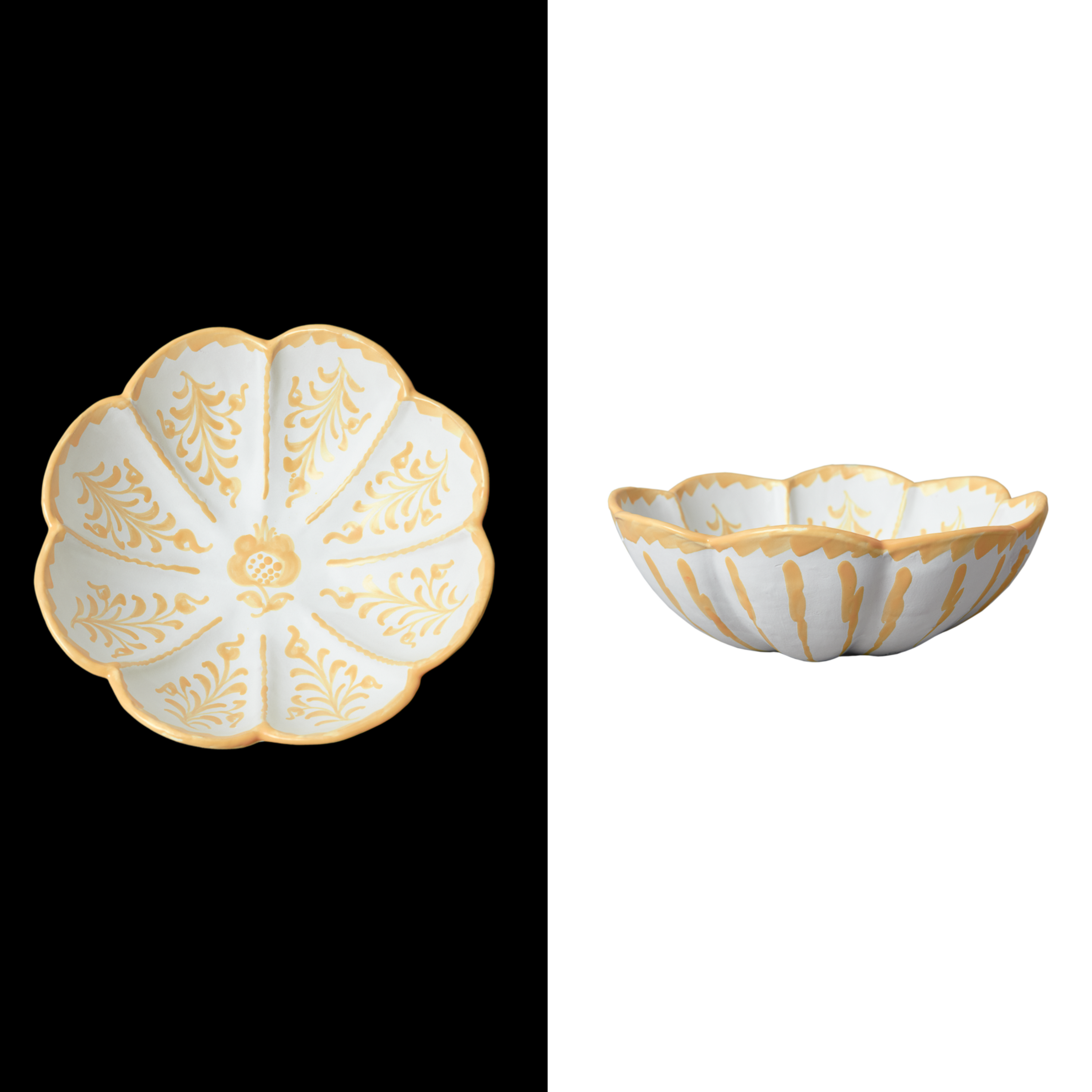 Leaf-shaped peach ceramic serving bowl with traditional Spanish designs, handcrafted by artisans – ideal for dinner parties and table settings