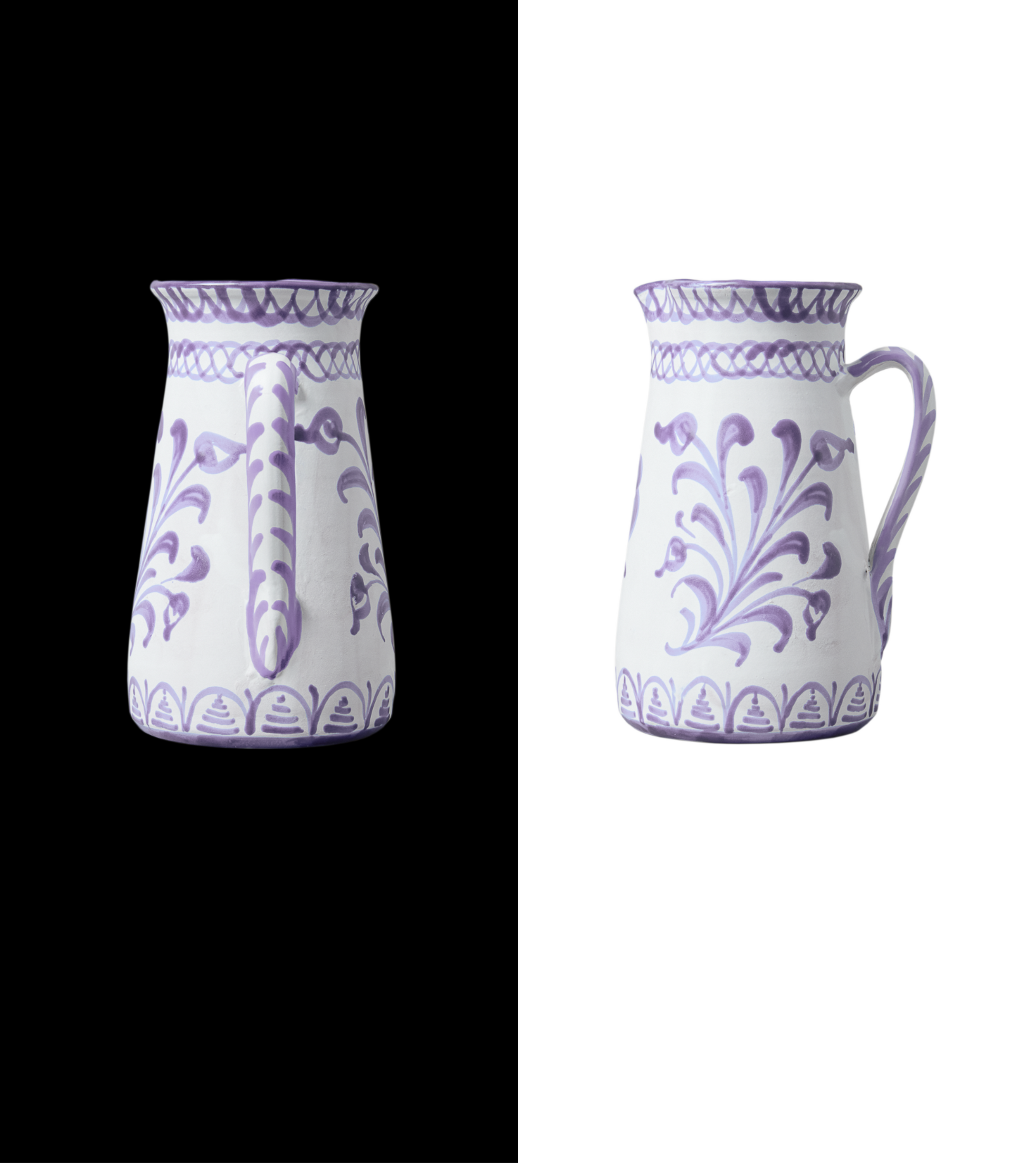 Handcrafted lilac wide ceramic pitcher with traditional Spanish design, ideal for wine, flowers, lemonade, or gazpacho, made by artisans in Granada