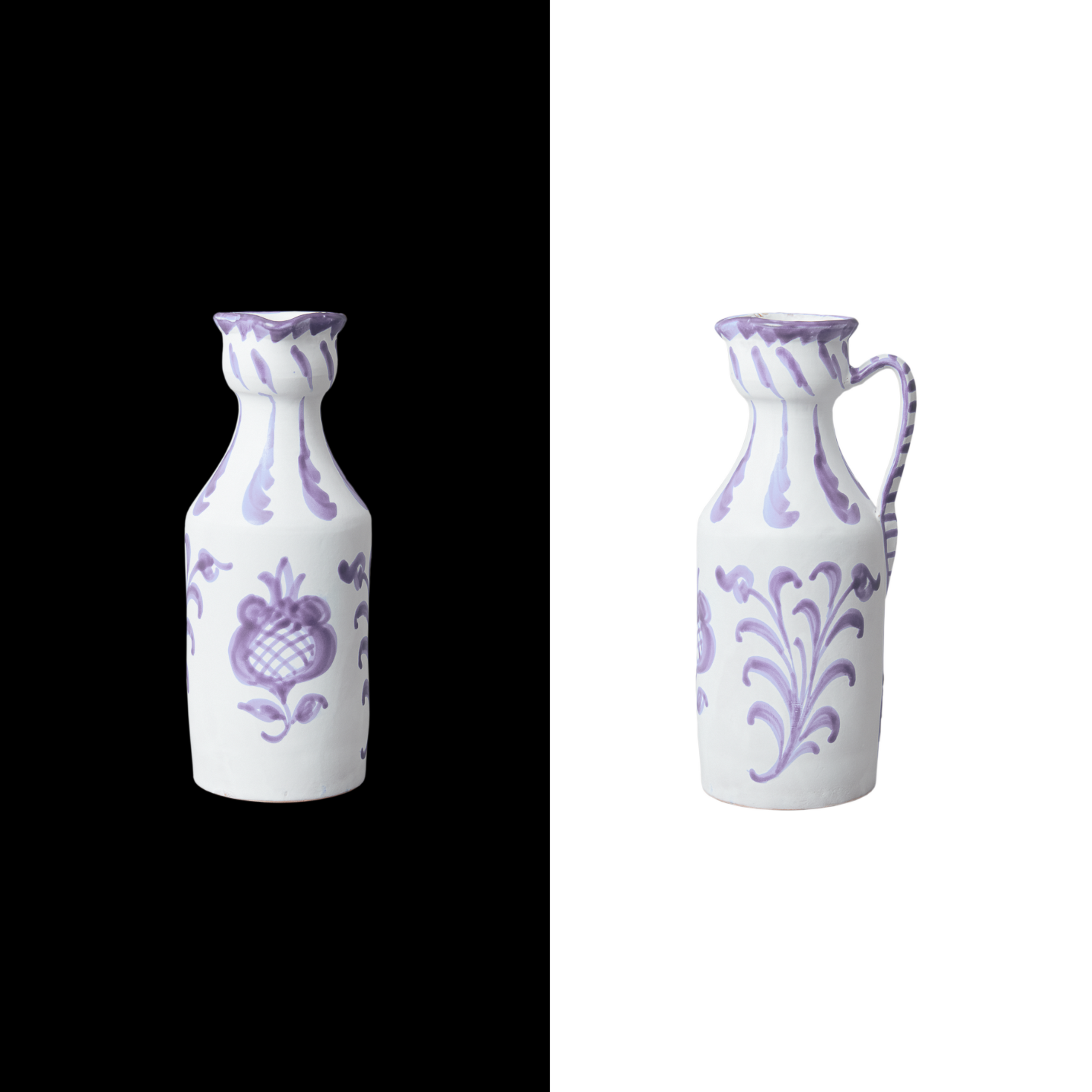 Handcrafted lilac narrow ceramic pitcher with traditional Spanish design, ideal for wine, flowers, lemonade, or gazpacho, made by artisans in Granada
