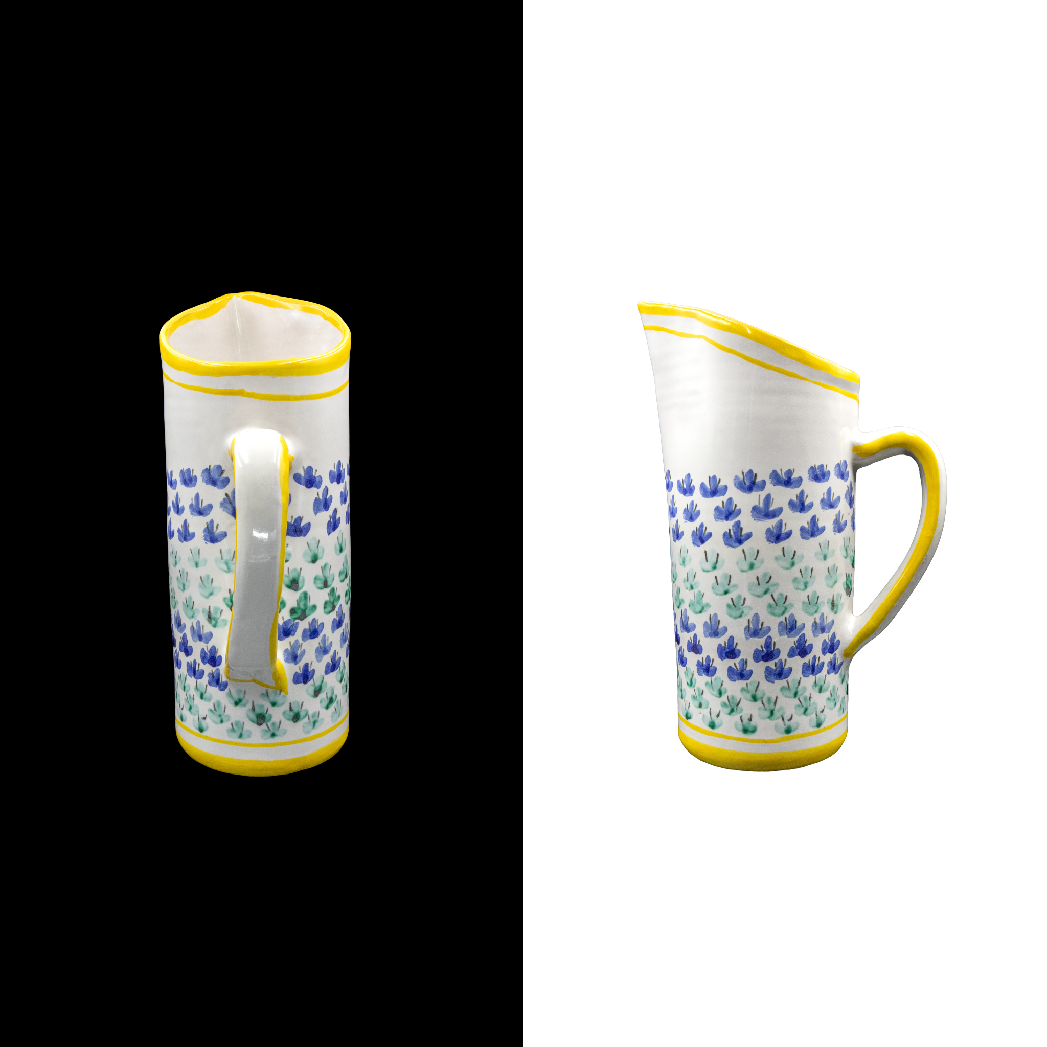 Yellow pitcher with traditional designs from Cáceres, painted with the 'mosca' style, the flowers