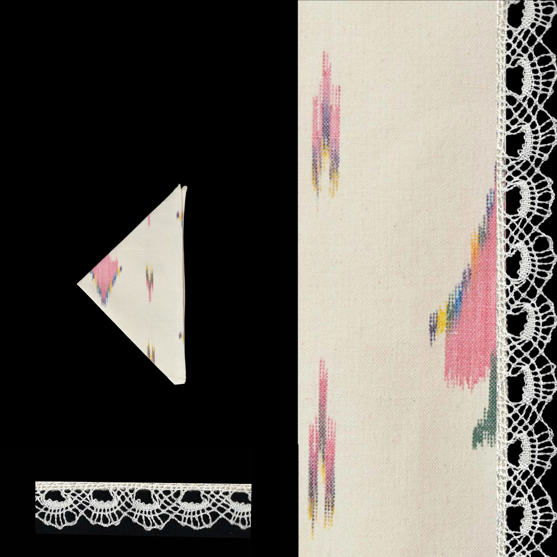 pink dinner napkin ikat design linen cotton napkin Handcrafted by traditional artisans in Mallorca with bobbin lace