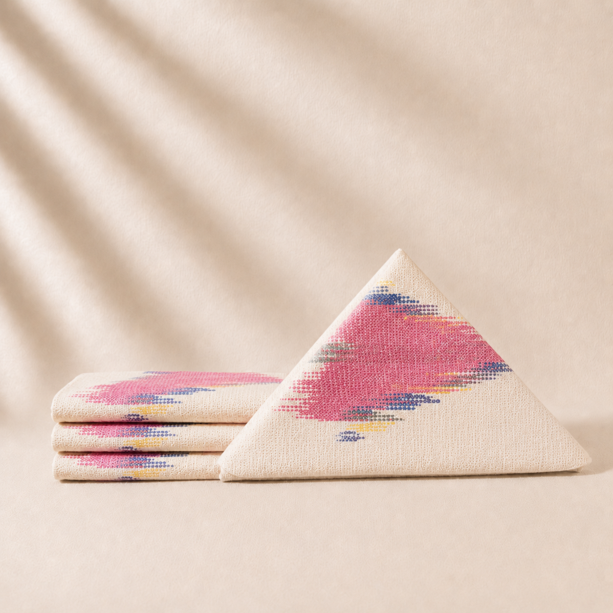 Set of  napkins with a geometric pink pattern on a beige background