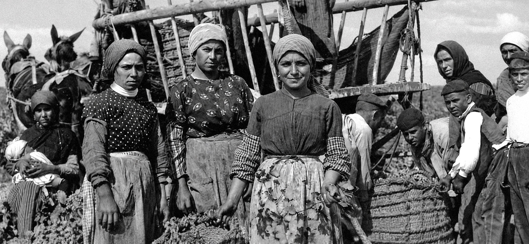 Black and white photograph of a group of people, likely from the 19th or early 20th century, standing in a field with a wooden cart.