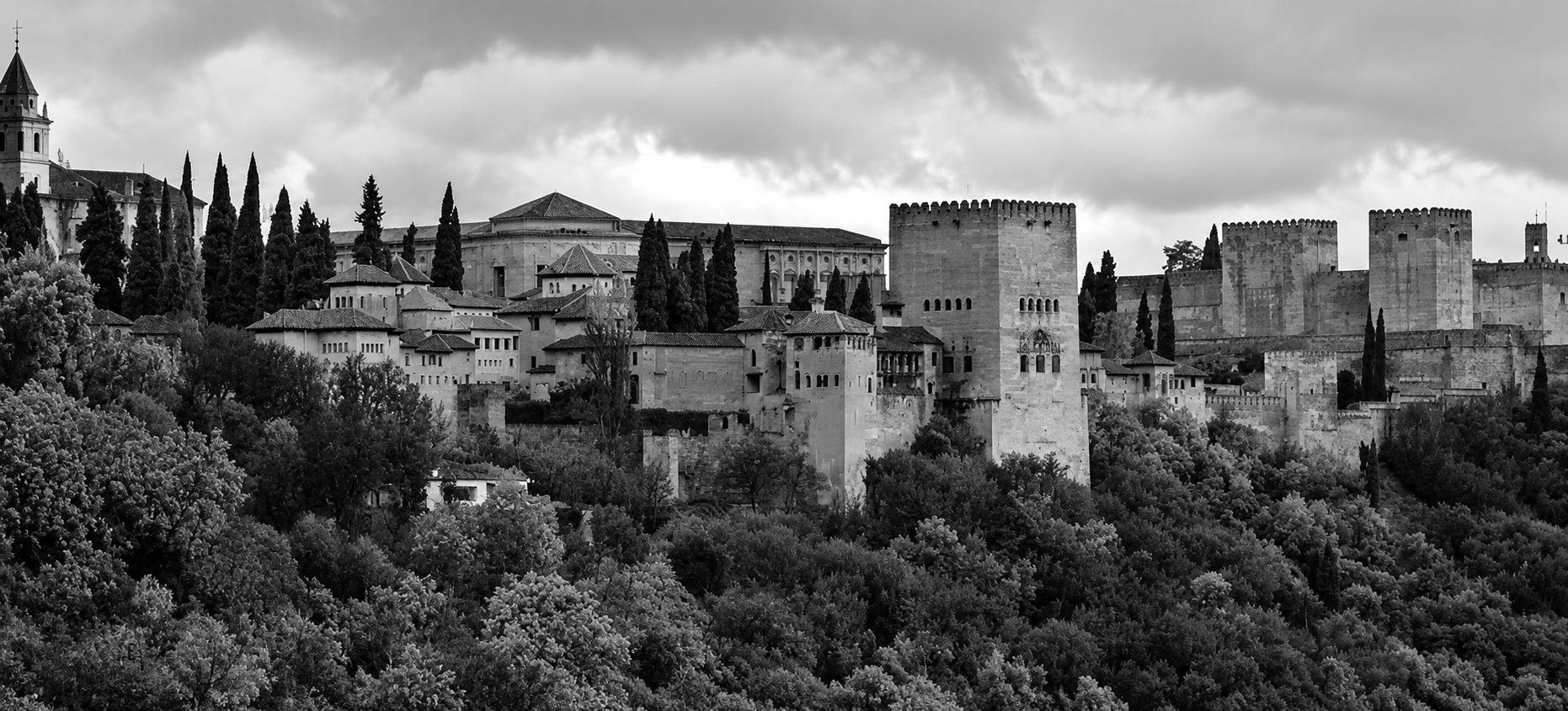 Black and white image of a historic castle surrounded by trees with a cloudy sky.