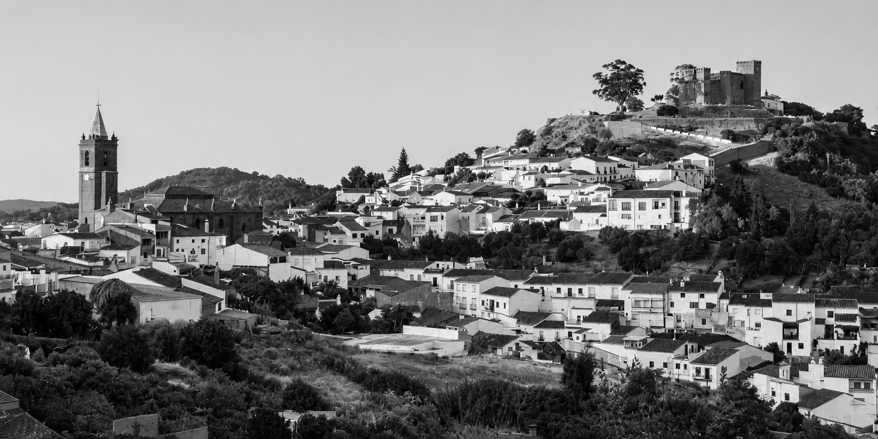 Vintage black and white photo of a town with a castle on a hill