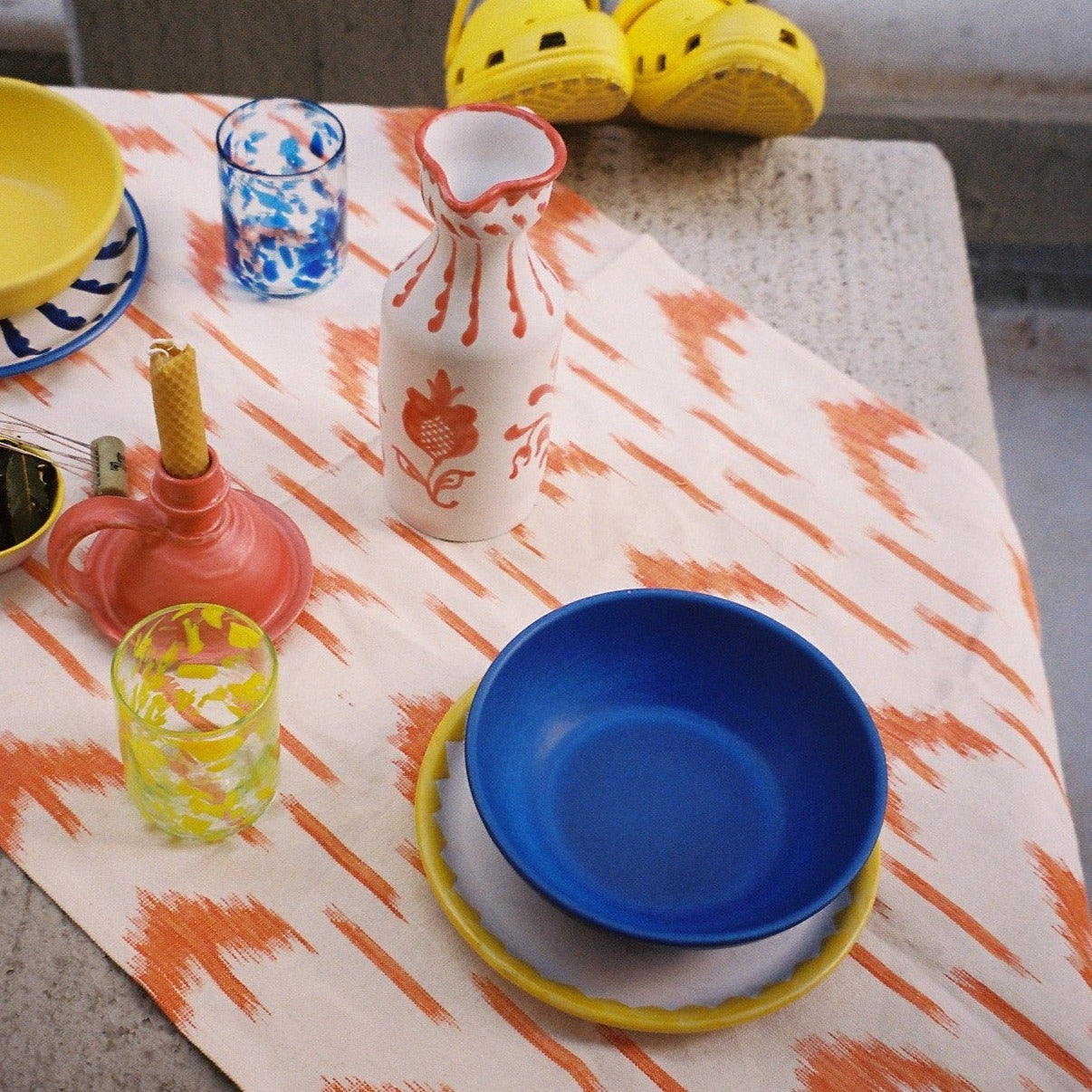 colorful tableware, ceramic bowl, blue ceramic bowl, handmade ceramics, spanish ceramics, artisanal tableware, mediterranean table, summer table styling, eclectic tableware, colorful home, ceramic pitcher, handmade glassware, mediterranean lifestyle, vibrant interiors, breakfast table, brunch aesthetic, ceramic plates, home decor, playful interiors, artisanal homeware, film photography, analog aesthetic, slow living, maximalist table, casa maricruz