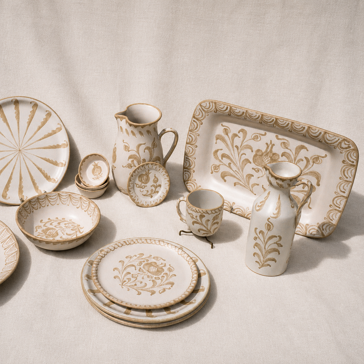 A coordinated porcelain tableware set arranged on a light fabric backdrop. The set includes plates, bowls, a pitcher, a cup, a bottle, and a serving tray, all in an off-white glaze with ornate gold floral and scroll motifs. - lifestyle