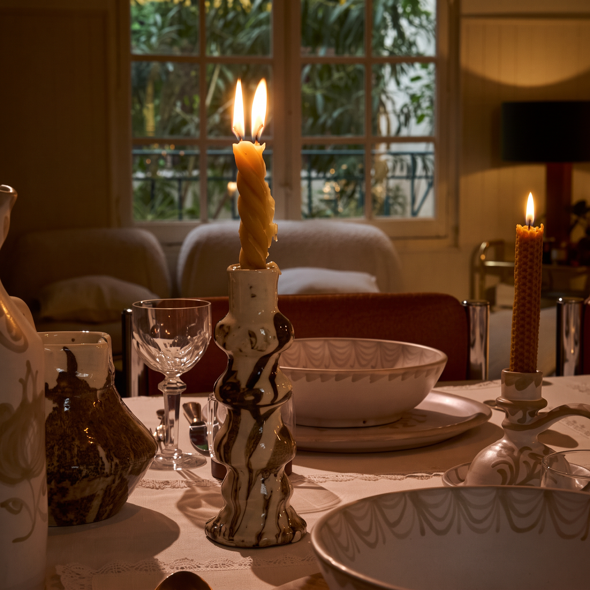 autumn table with braided candle and brown huelva candleholder. - lifestyle