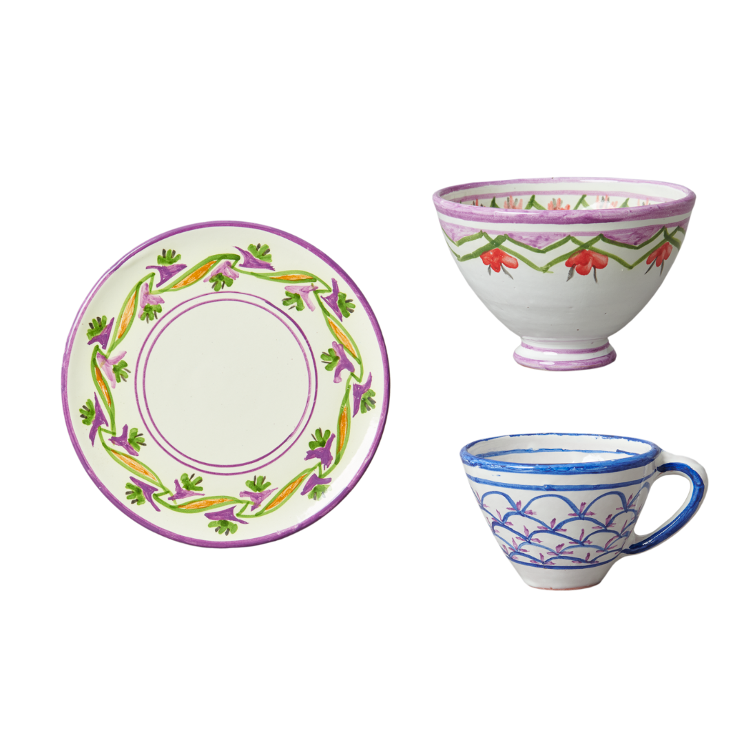 breackfast set side plate bowl and mug handmade with traditional desings in caceres