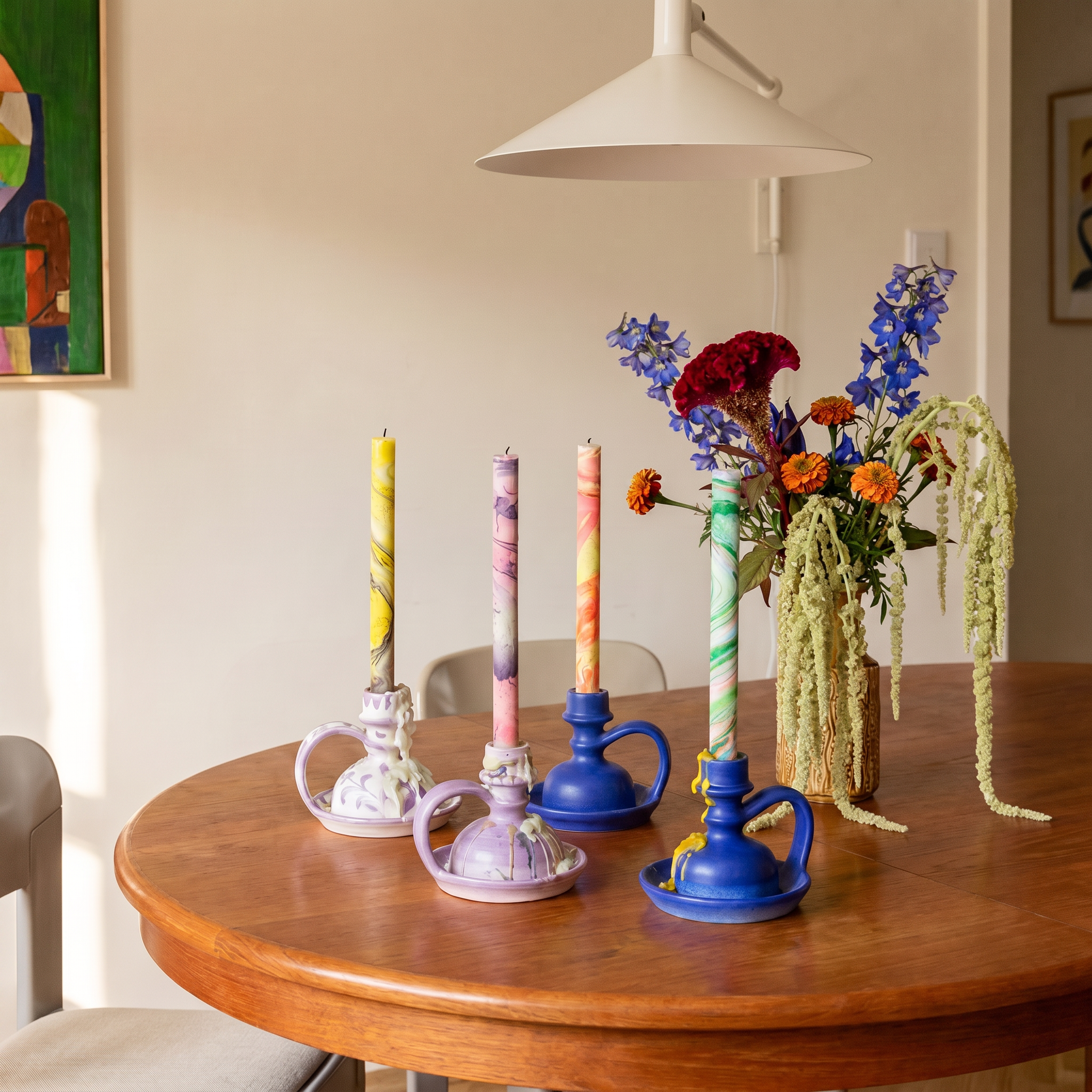 Four decorative candlesticks with colorful marbled candles are arranged on a round wooden dining table next to a vase of fresh flowers. The scene is set in a warm, sunlit room with a white wall and a hanging lamp visible in the background. - lifestyle