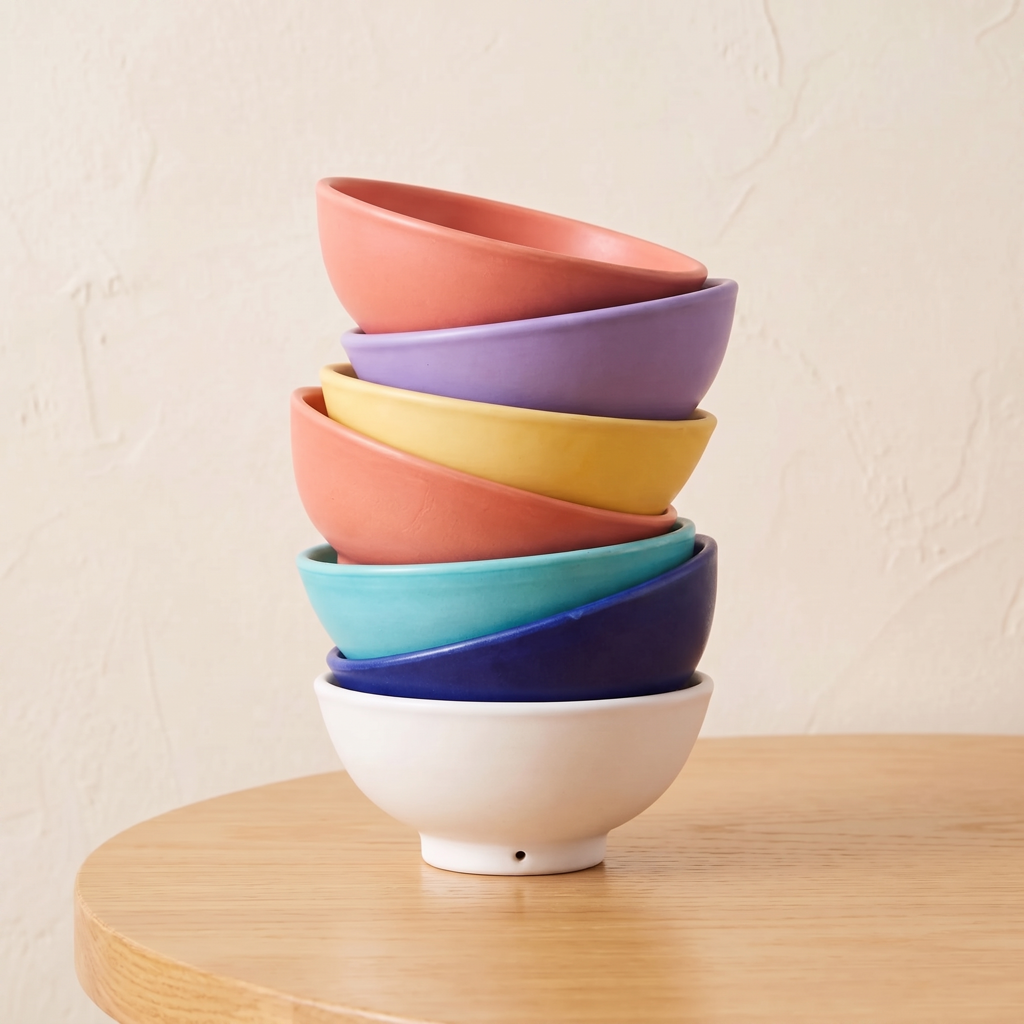 A stack of seven ceramic bowls in pastel colors, including coral, purple, yellow, turquoise, and dark blue, resting on a light wood table against a textured beige wall. -lifestyle