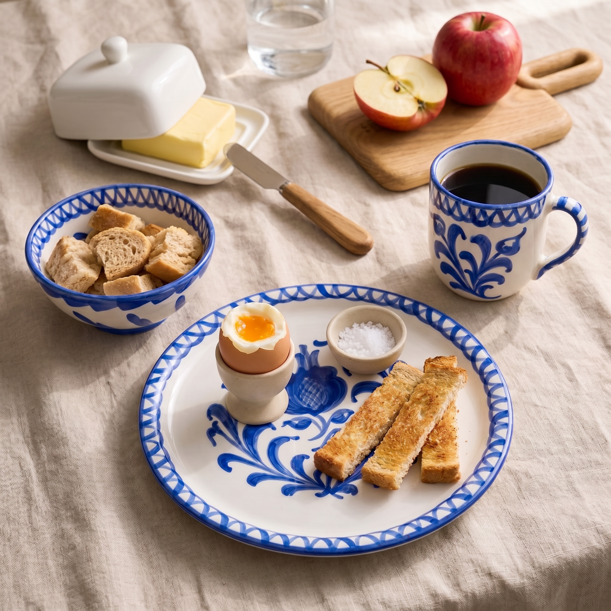 A breakfast table setting with a white ceramic plate and matching bowls decorated with a blue floral pattern, styled with toast, an egg in an egg cup, bread, a coffee mug, an apple, butter, and a cutting board on a beige linen tablecloth. - lifestyle