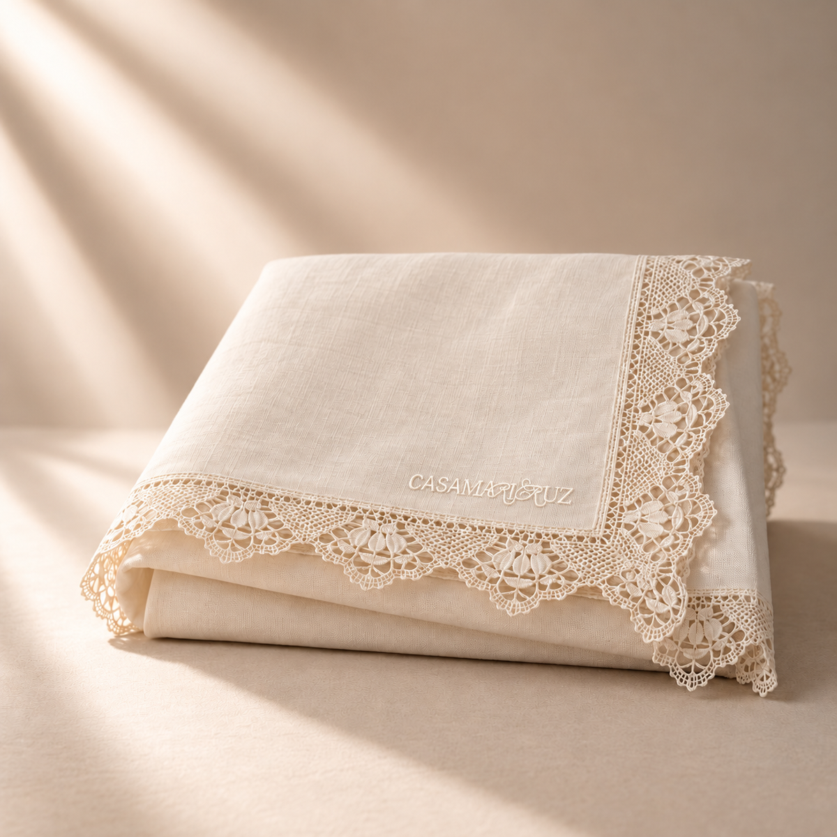 A folded cream-colored linen tablecloth with intricate floral lace trim and the brand name 'CASAMATEZ' embroidered on the corner, set against a warm beige background with soft diagonal shadows.