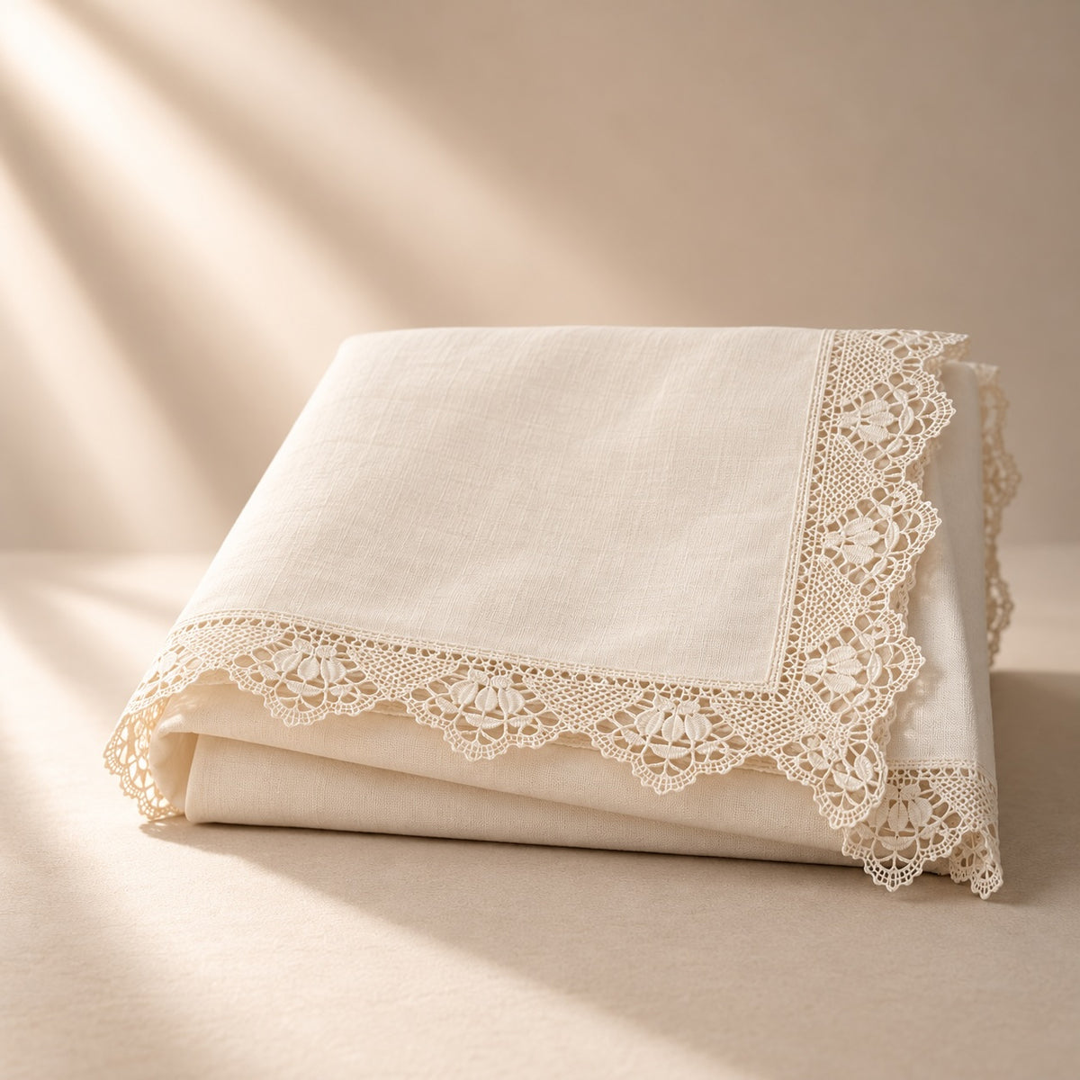 A folded cream-colored linen tablecloth with an intricate floral lace border, styled on a matching neutral surface under warm, soft window light.