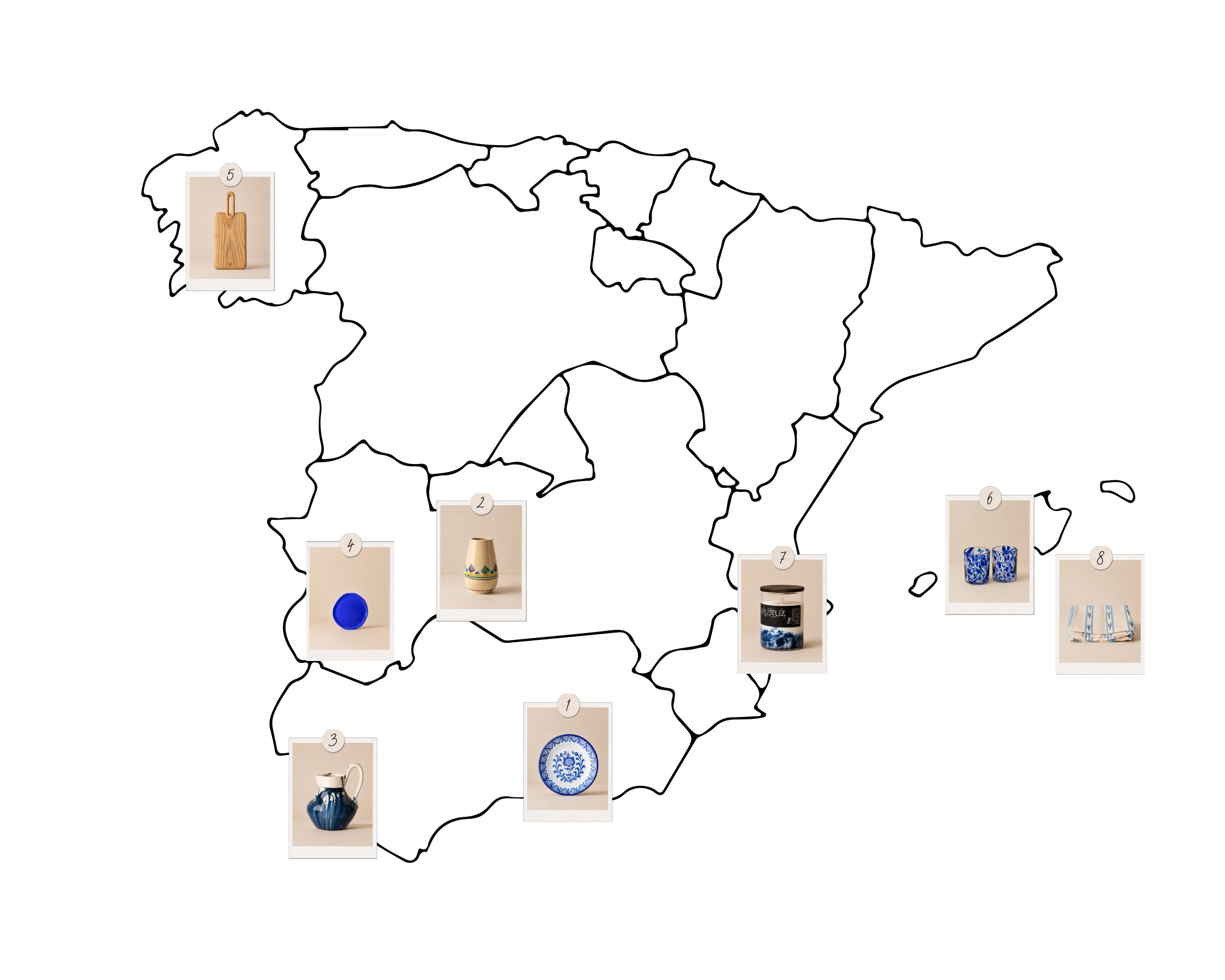 Map of Spain with various items pinned to it