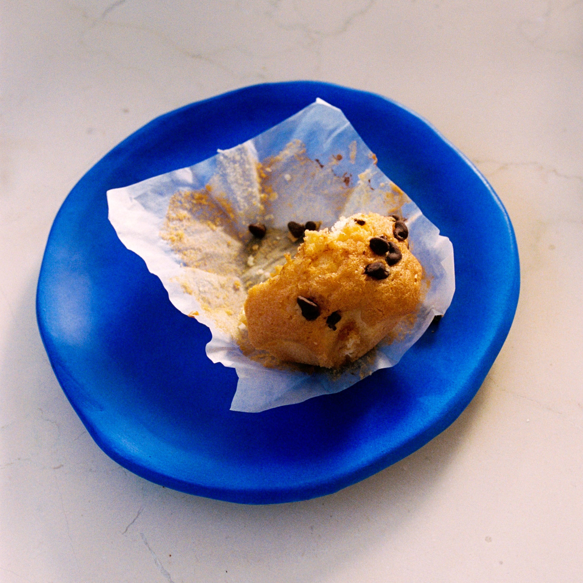 Muffin on a blue plate with a white background - lifestyle