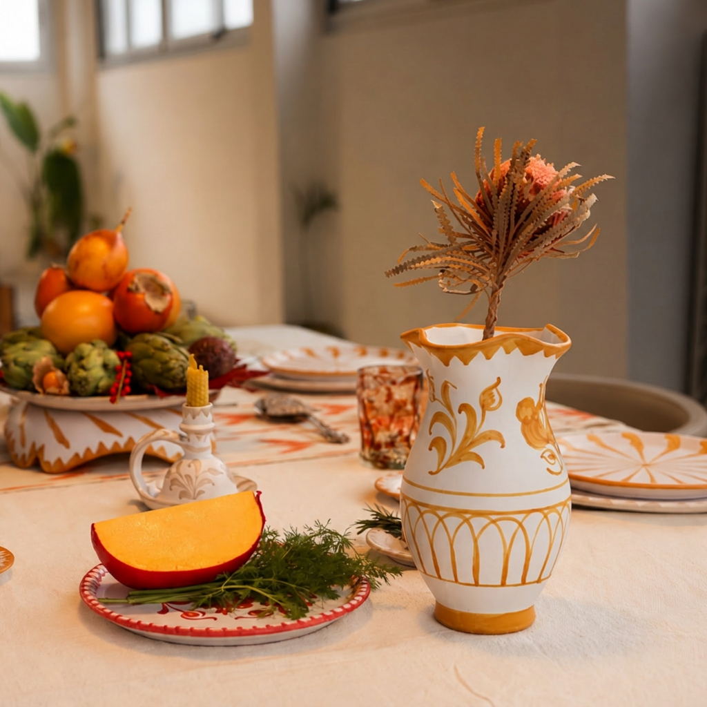 A white ceramic table vase with gold floral patterns and a dried flower stem, styled on a dining table with matching plates, fruit, and greenery in a warm indoor setting. - lifestyle