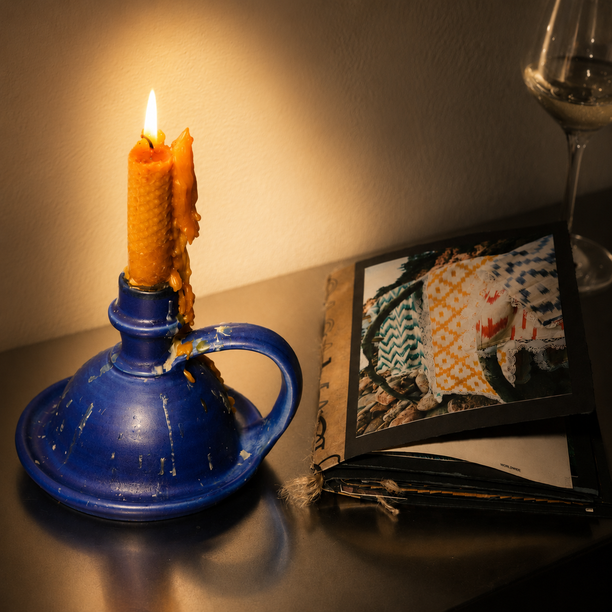 A blue ceramic candle holder with a lit orange candle, placed on a dark tabletop next to an open book and a wine glass in warm, dim lighting. - lifestyle