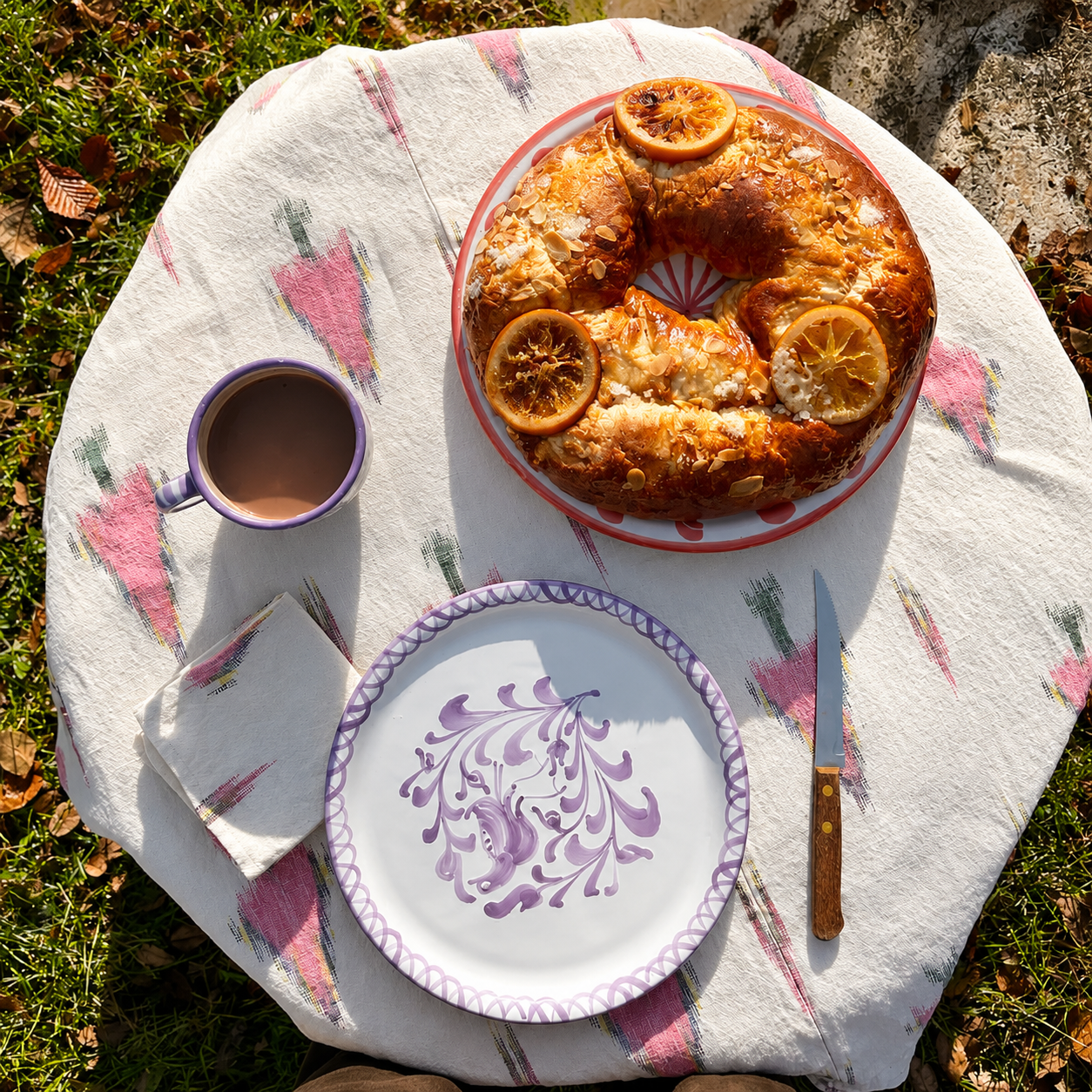 An overhead outdoor picnic-style scene on a white picnic blanket with pink and green floral print, set on grass. The main sellable subject appears to be the patterned ceramic plate in the foreground, with a matching cup and knife also visible; however the image functions as a styled lifestyle scene rather than a clean isolated product shot. - lifestyle