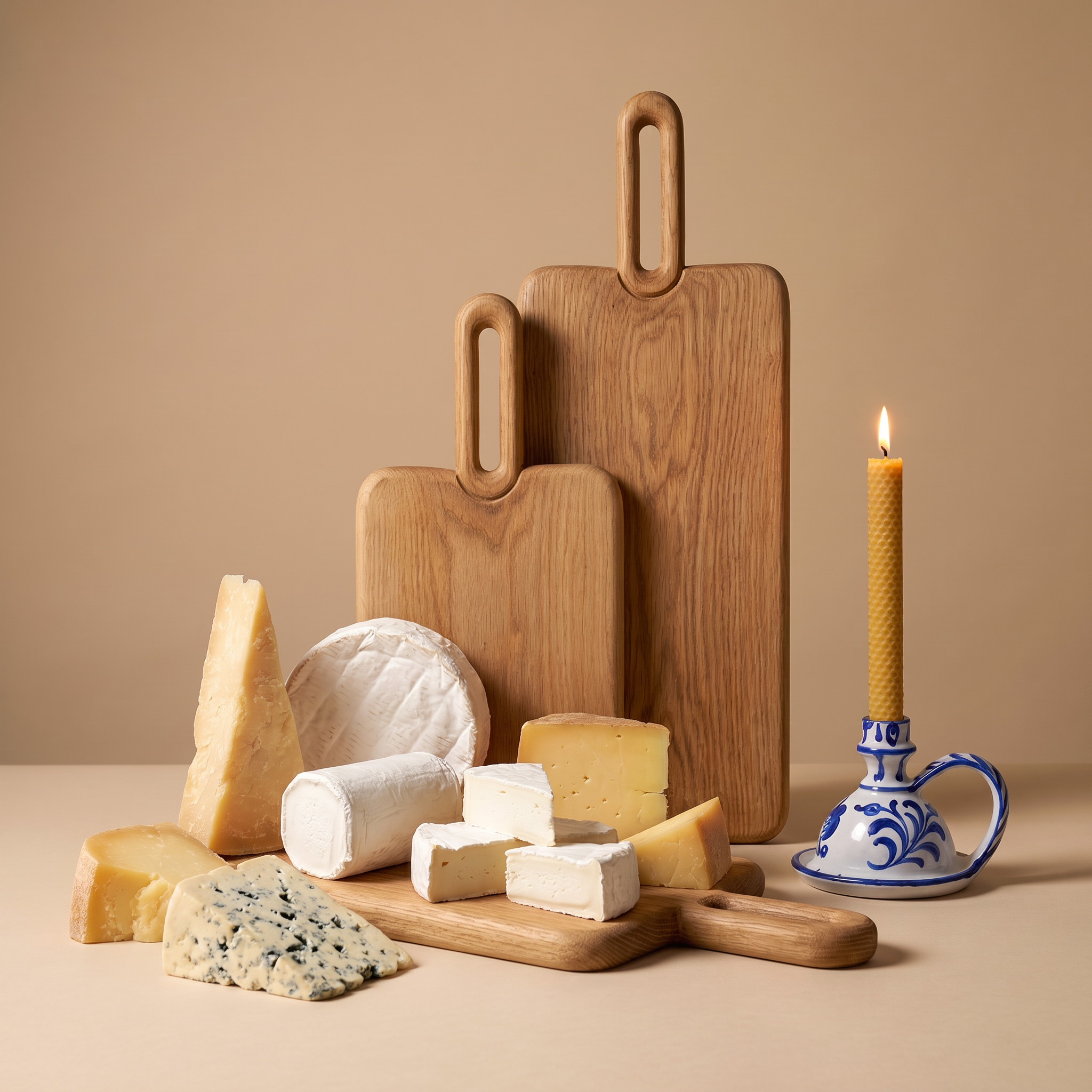Three wooden cutting boards of different sizes with loop handles, styled with various cheeses and a blue-and-white ceramic candle holder with a lit candle on a beige background.  lifestyle