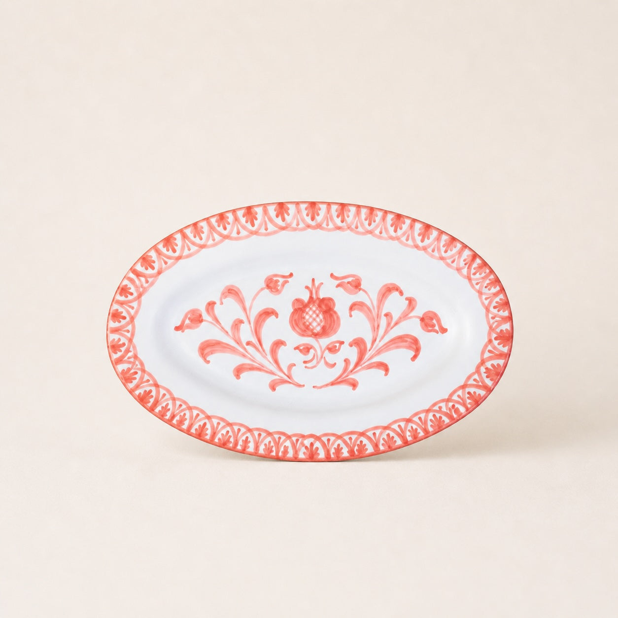 Decorative plate with red floral pattern on a white background