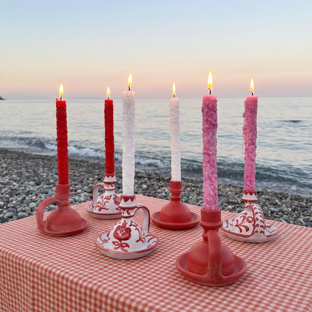 Six decorative taper candles in red, white, and pink candlestick holders arranged on a red-and-white checkered tablecloth outdoors by the seaside at sunset. - lifestyle