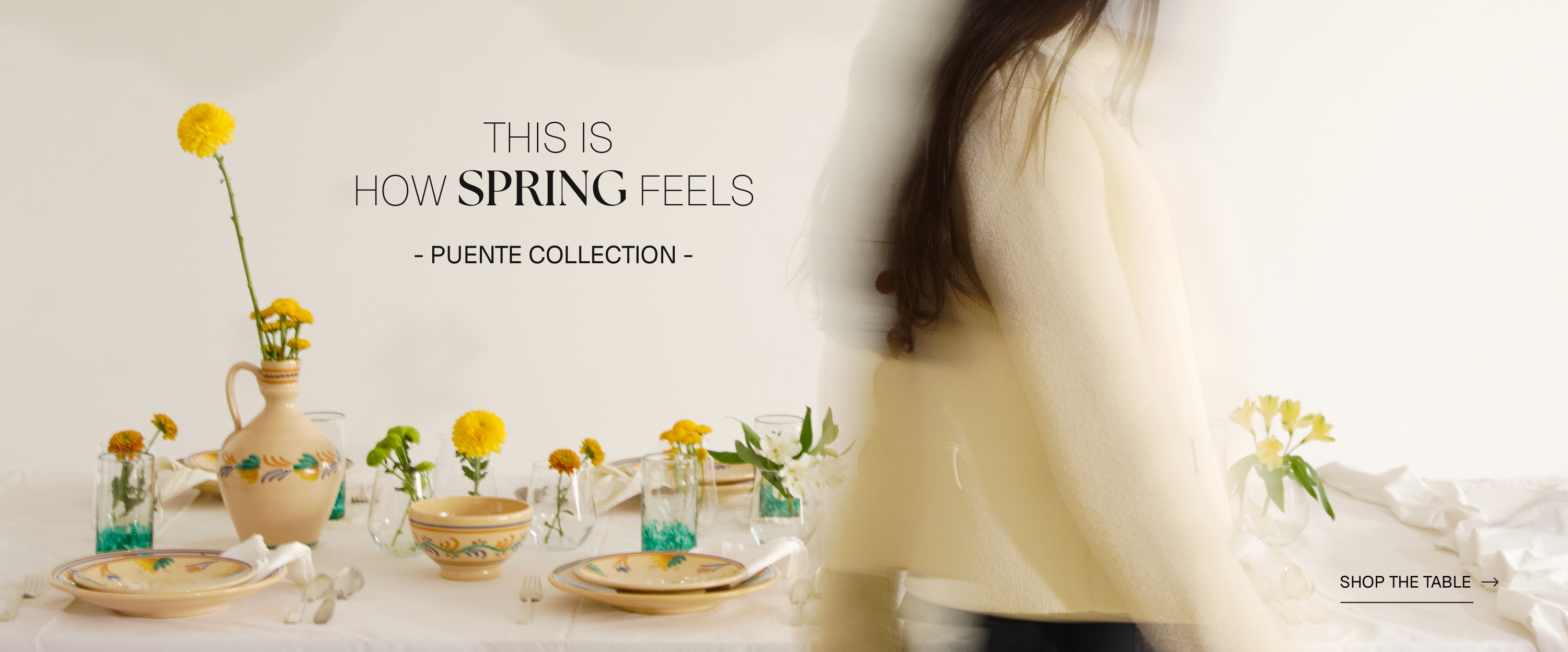 Spring-themed table setting with flowers and text overlay on a white background