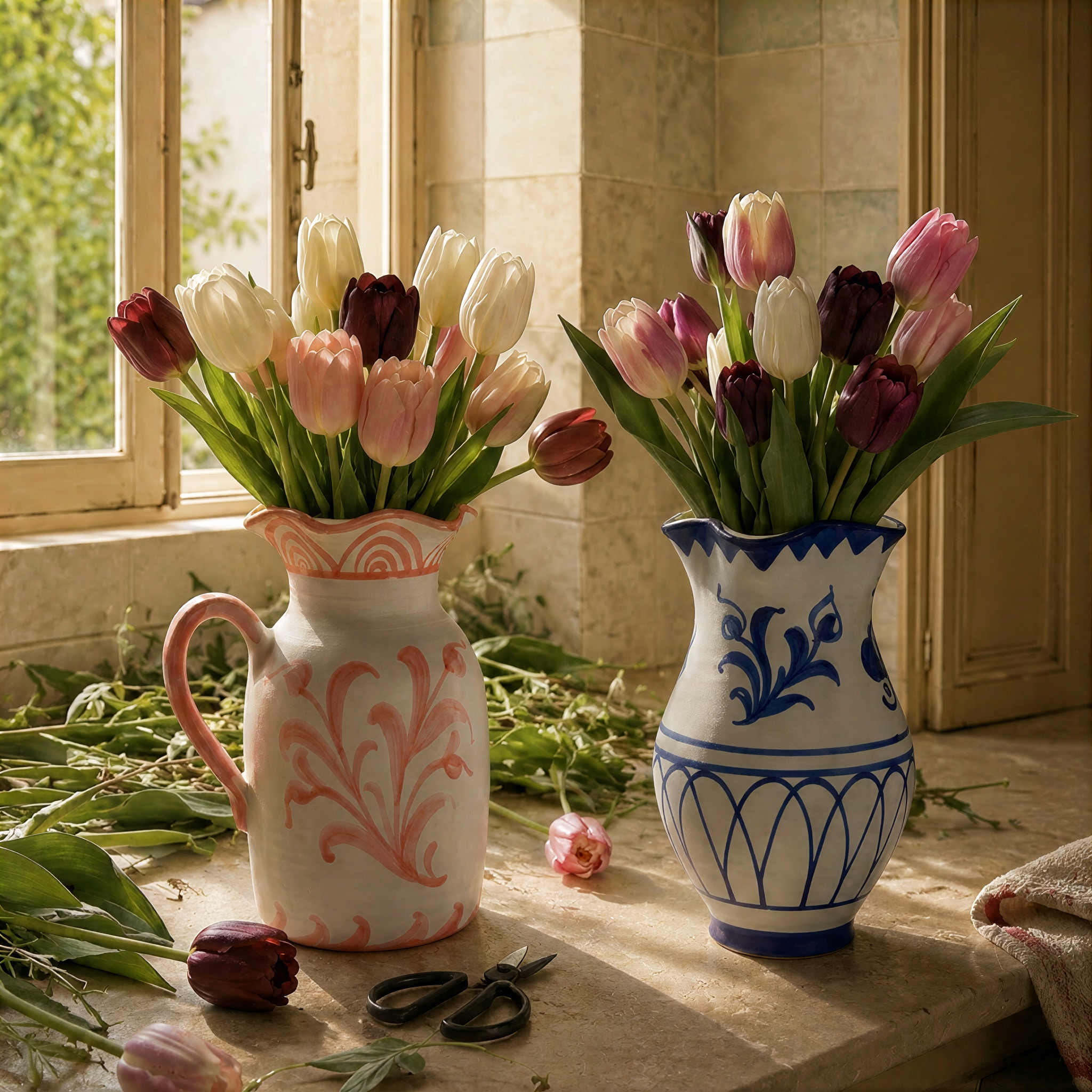 A collection of white ceramic tableware with coral-red patterns, including bowls, a vase, and a candle holder, styled on a white tablecloth in front of a brown leather sofa. - lifestyle
