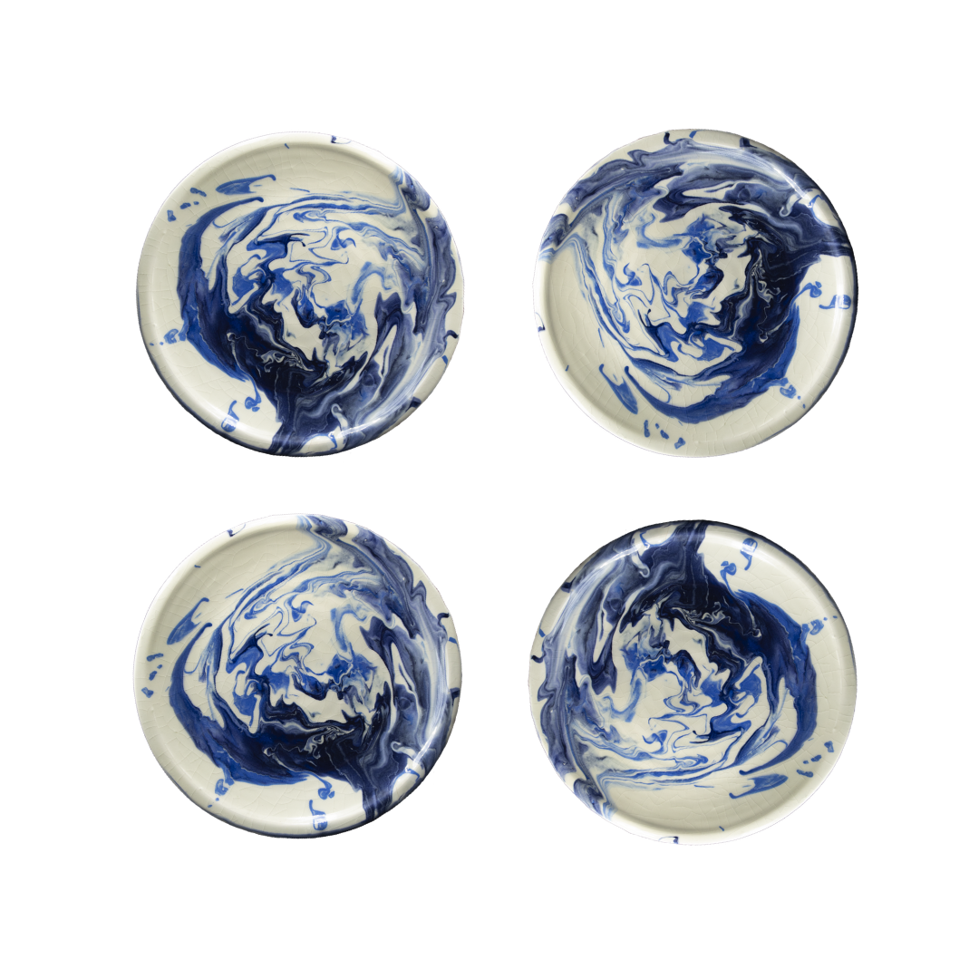 set of 4 blue marbled dinner plates handmade by traditional artisans in spain ceramic