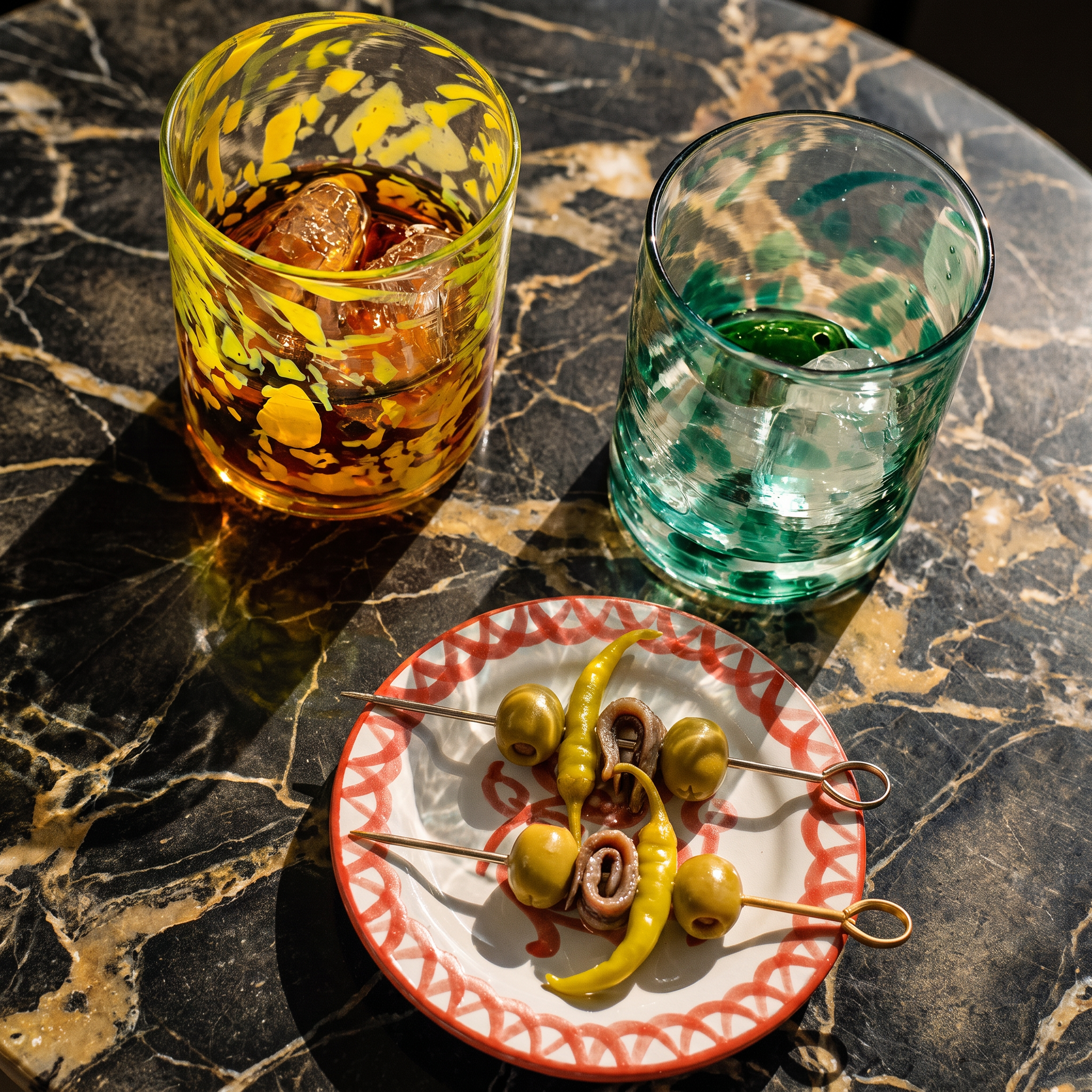 Two patterned drinking glasses on a black marble table, with a small plate of olives and peppers in the foreground. - lifestyle