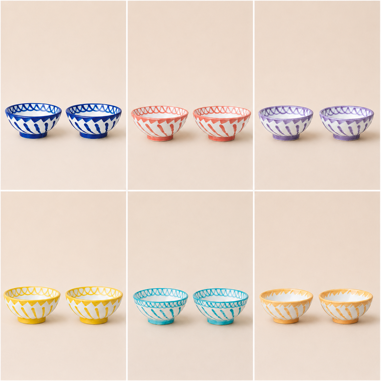 Collage of six images showing ceramic bowls with different color patterns on a beige background