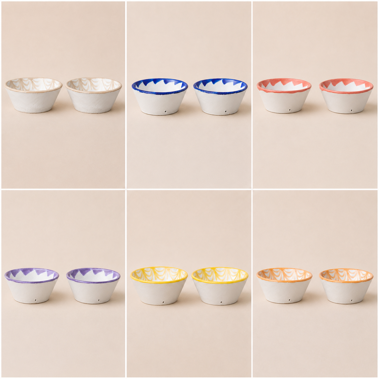 Collage of ceramic bowls with colorful rims on a beige background - lifestyle