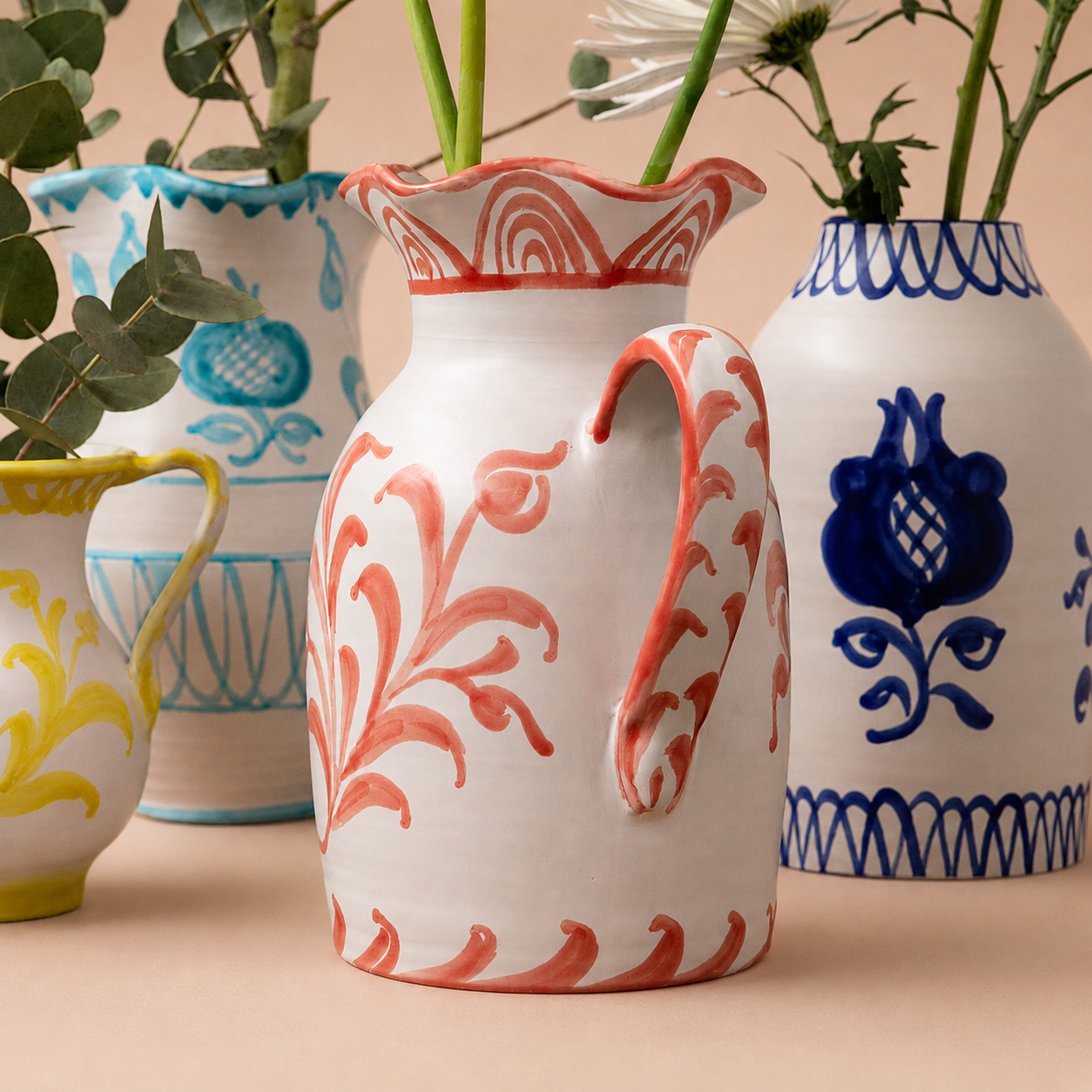 A white ceramic pitcher vase with coral-red floral scrollwork and a matching red patterned rim, shown with white flowers and green stems. Other decorative vases in blue, yellow, and white are partially visible in the background on a warm beige surface. - lifestyle