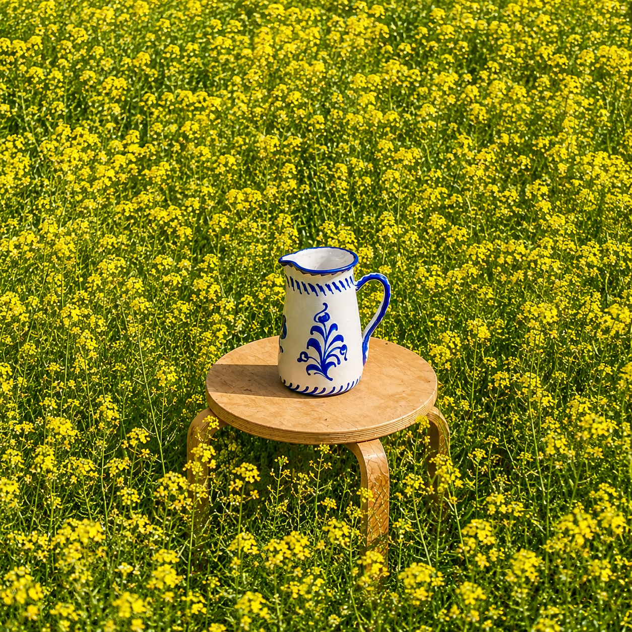 A white ceramic pitcher with blue floral patterns sits on a small round wooden stool placed in a field of yellow flowers. - lifestyle