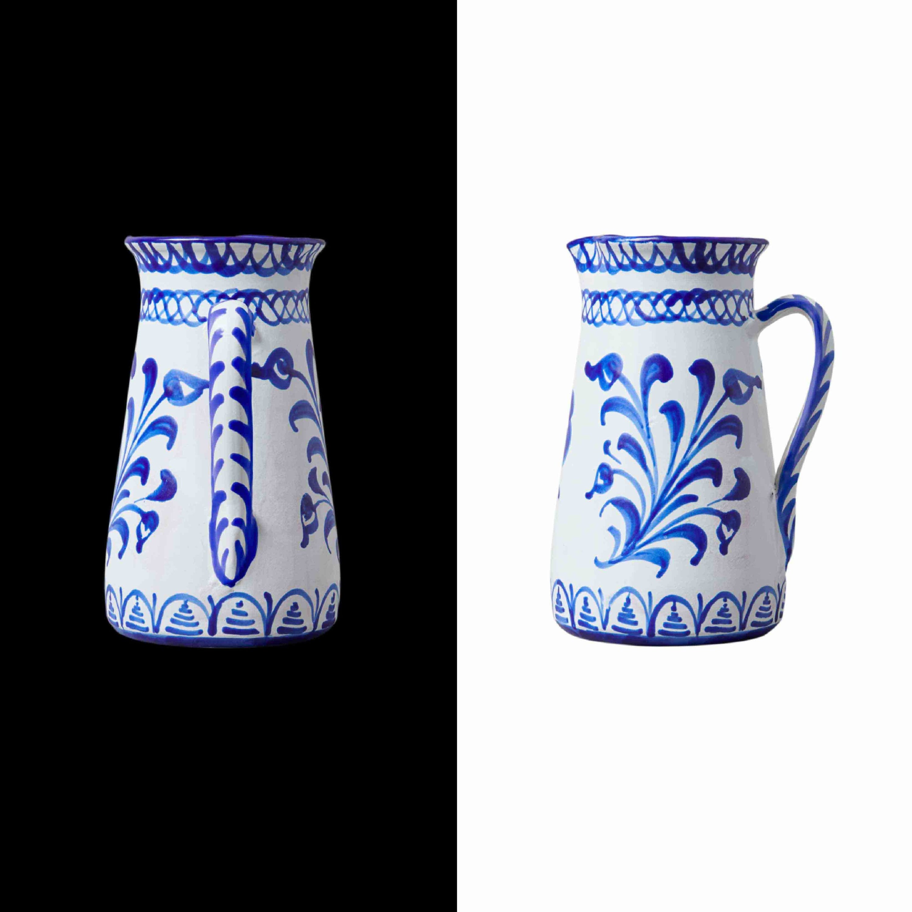 013 wide pitcher with traditional design made for cold bear, but we love it for fresh flowers, lemonade, or gazpacho. Handcrafted by traditional artisans in Granada blue