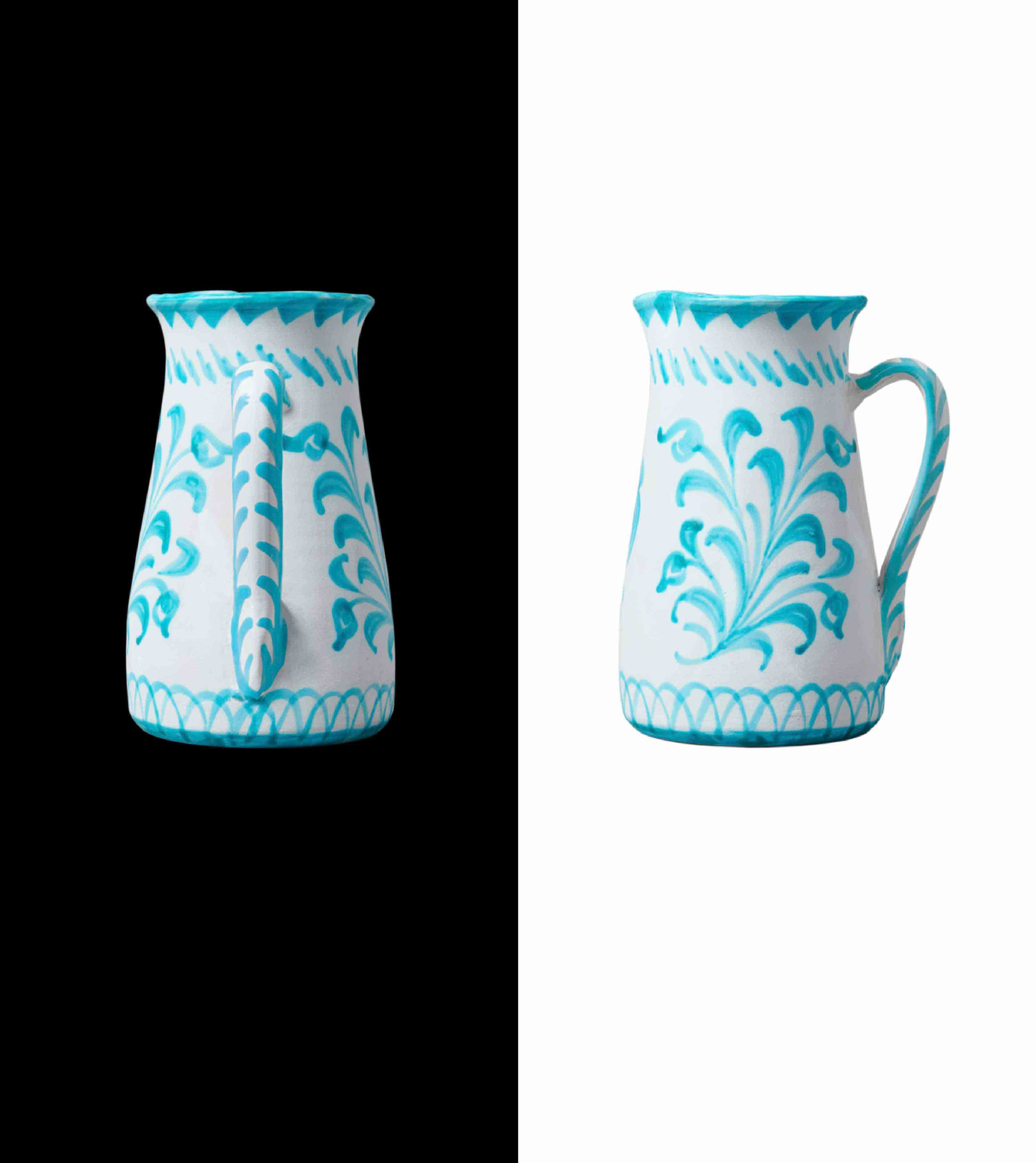 013 wide pitcher with traditional design made for cold bear, but we love it for fresh flowers, lemonade, or gazpacho. Handcrafted by traditional artisans in Granada turquoise