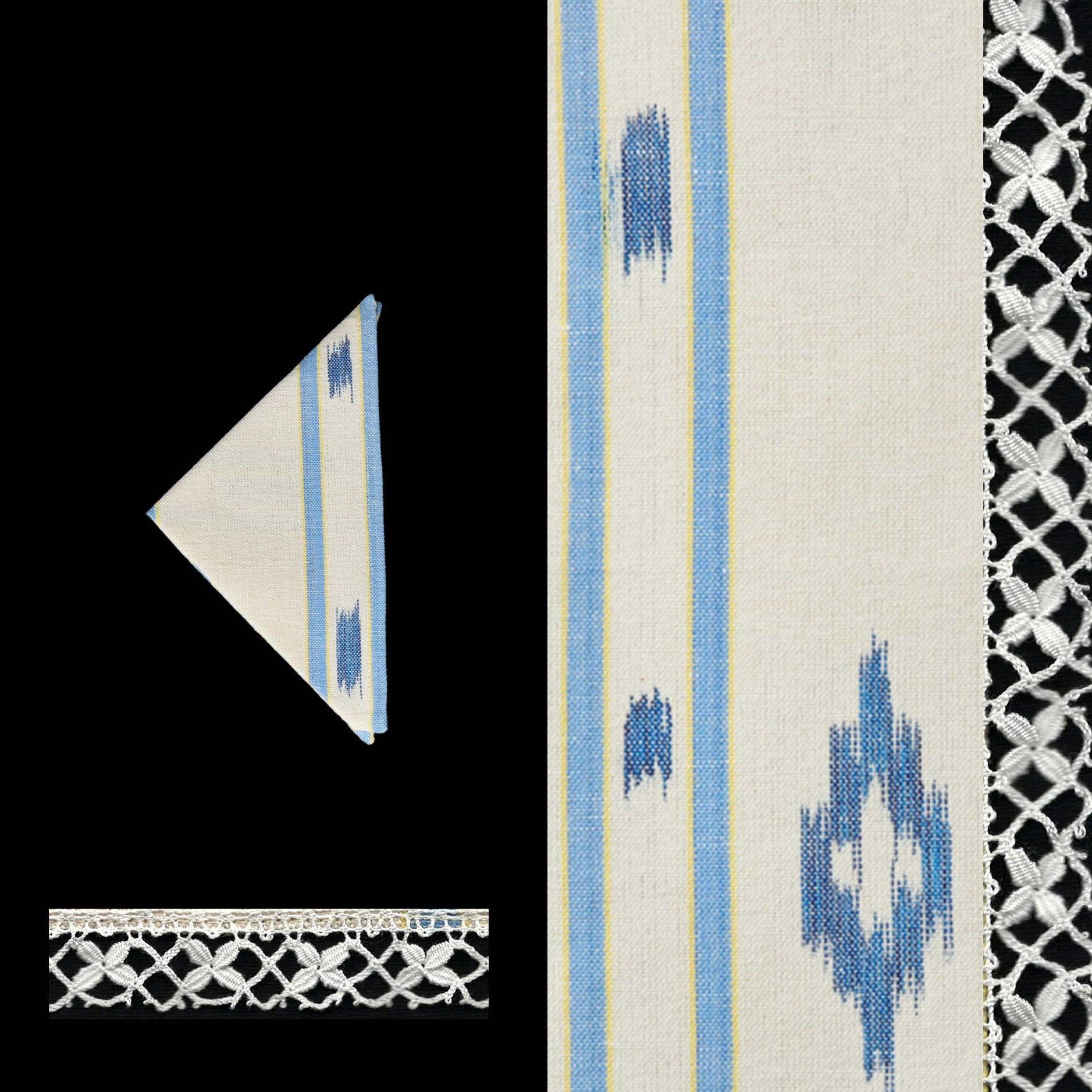 blue coktail napkin ikat design linen cotton napkin Handcrafted by traditional artisans in Mallorca with bobbin lace from Camariñas